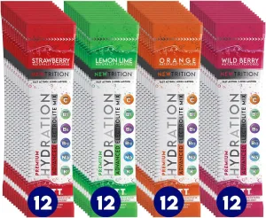 Hydration Powder, Electrolyte Powder Packets, Naturally Flavored Hydrating Packets for Water, Fast Acting Electrolytes with Vitamins, Lime, Strawberry, Orange, Wild Berry, 48 Servings