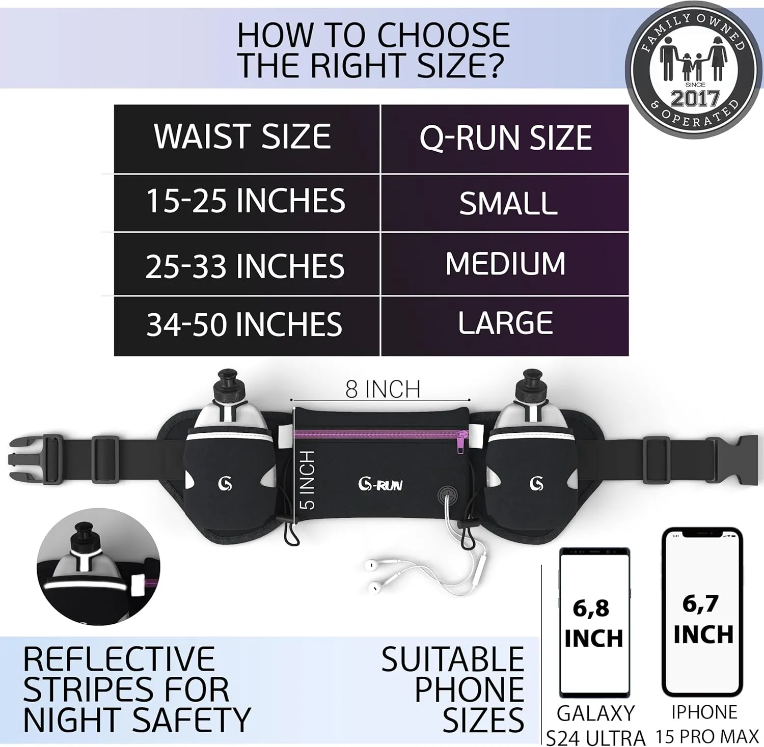 Hydration Running Belt with 2x10oz Bottles - Water Belts for Woman and Men - iPhone Belt for Any Phone Size - Fuel Marathon Waist Pouch for Runners - Jogging Cycling Biking