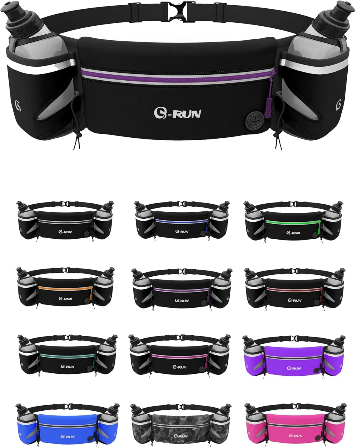 Hydration Running Belt with 2x10oz Bottles - Water Belts for Woman and Men - iPhone Belt for Any Phone Size - Fuel Marathon Waist Pouch for Runners - Jogging Cycling Biking