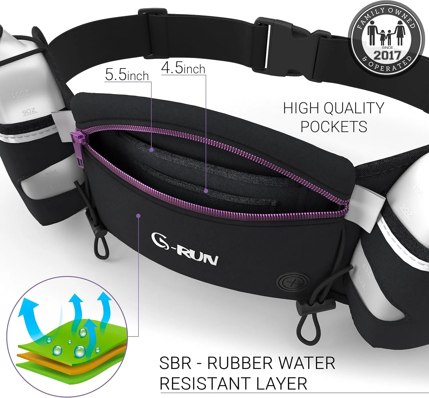 Hydration Running Belt with 2x10oz Bottles - Water Belts for Woman and Men - iPhone Belt for Any Phone Size - Fuel Marathon Waist Pouch for Runners - Jogging Cycling Biking