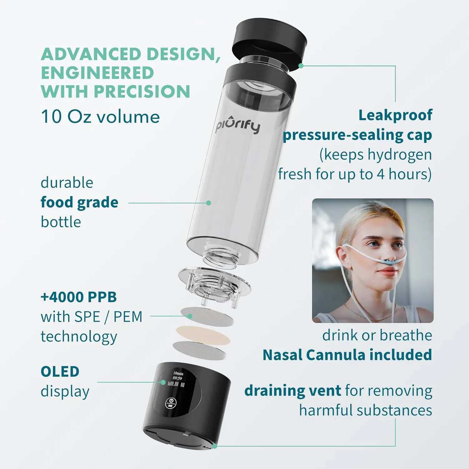 Hydrogen Water Bottle Generator - Up to 4100  PPB Concentration - SPE/PEM Technology - Certified H2 Generator - Portable Athletic Performance & Hydration System - 6-Hour Hydrogen Retention (Black)