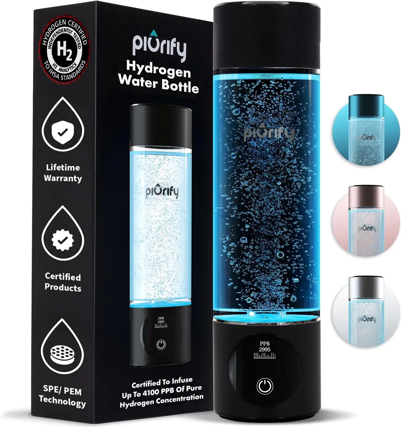 Hydrogen Water Bottle Generator - Up to 4100  PPB Concentration - SPE/PEM Technology - Certified H2 Generator - Portable Athletic Performance & Hydration System - 6-Hour Hydrogen Retention (Black)