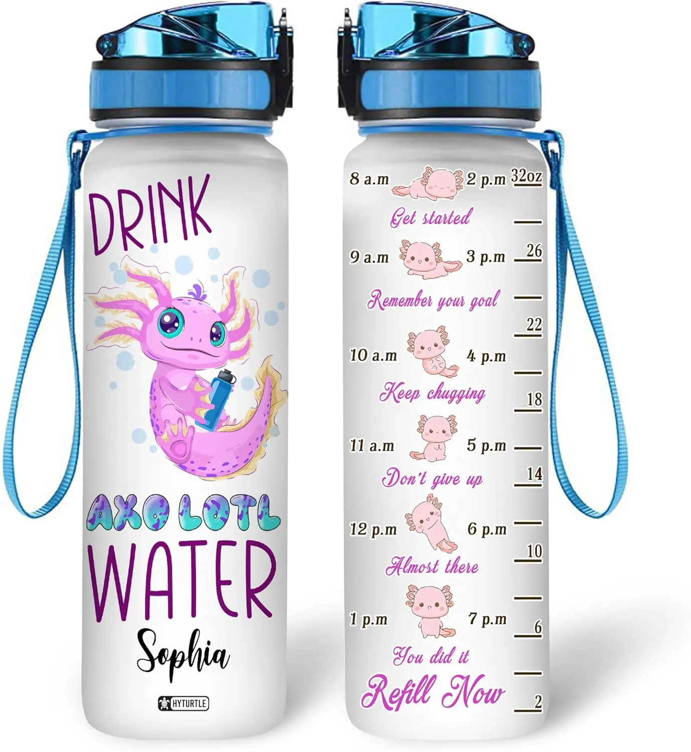 Hyturtle Personalized Axolotl Water Bottle - 32oz Motivational Water Bottle with Leak-Proof Lid & Time Marker - Custom Name Gift for Axolotl Lovers, Women, Girls, Boys - Birthday & Christmas Gift