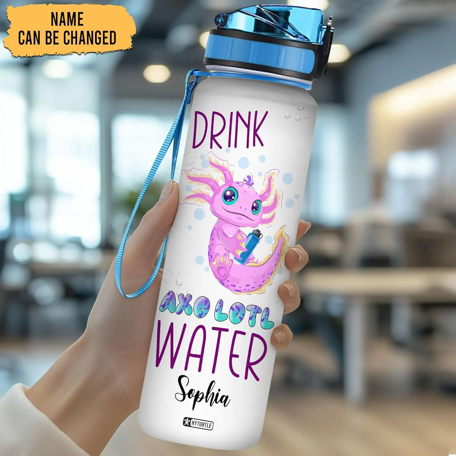 Hyturtle Personalized Axolotl Water Bottle - 32oz Motivational Water Bottle with Leak-Proof Lid & Time Marker - Custom Name Gift for Axolotl Lovers, Women, Girls, Boys - Birthday & Christmas Gift