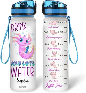Hyturtle Personalized Axolotl Water Bottle - 32oz Motivational Water Bottle with Leak-Proof Lid & Time Marker - Custom Name Gift for Axolotl Lovers, Women, Girls, Boys - Birthday & Christmas Gift