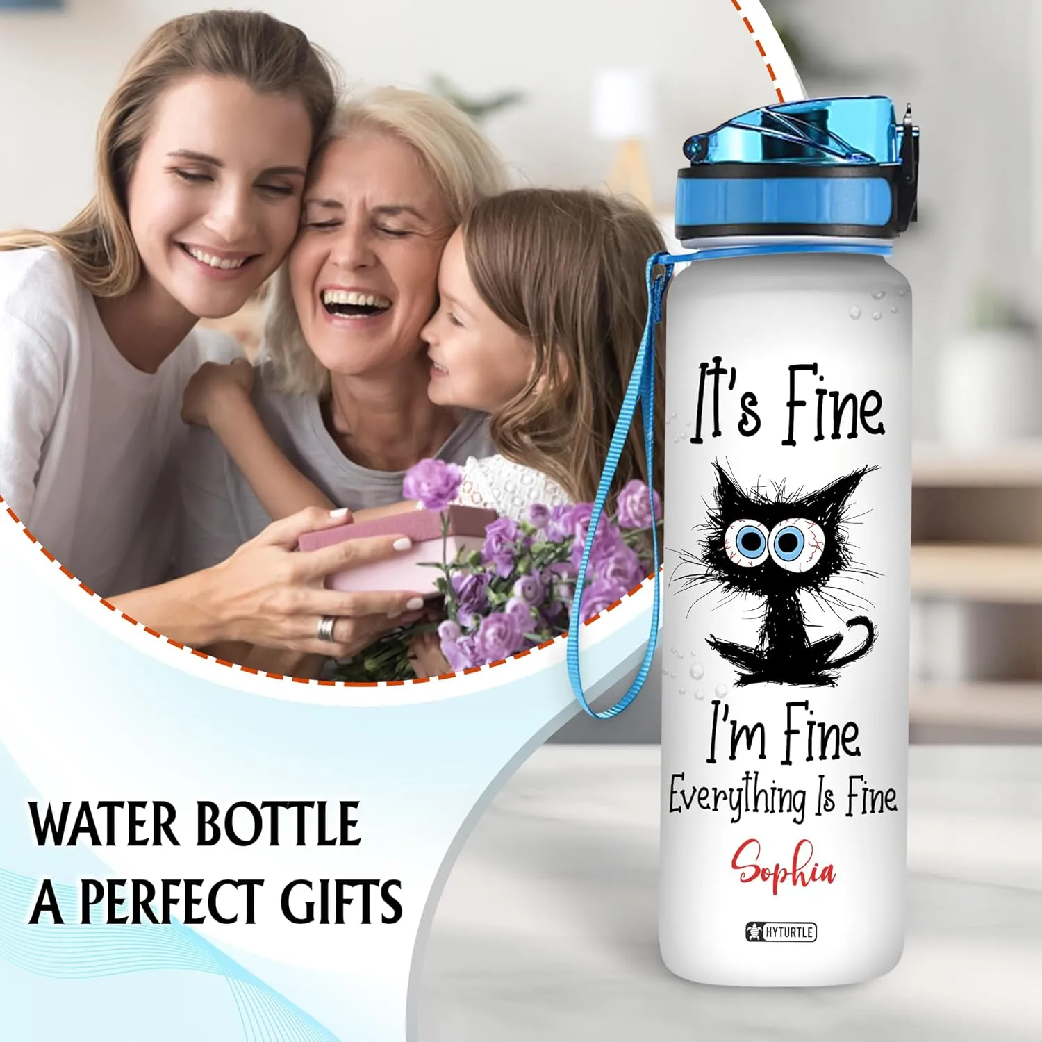Hyturtle Personalized Black Cat Water Bottle - 32oz Motivational Water Bottle with Leak-Proof Lid & Time Marker - Custom Name Gift for Black Cat Lovers, Women, Girls - Birthday & Christmas Gift