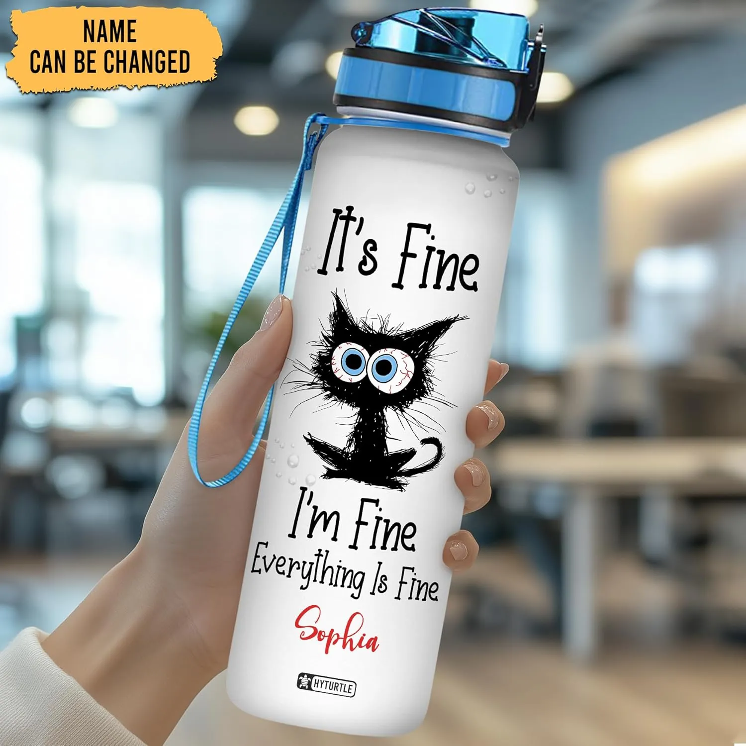 Hyturtle Personalized Black Cat Water Bottle - 32oz Motivational Water Bottle with Leak-Proof Lid & Time Marker - Custom Name Gift for Black Cat Lovers, Women, Girls - Birthday & Christmas Gift