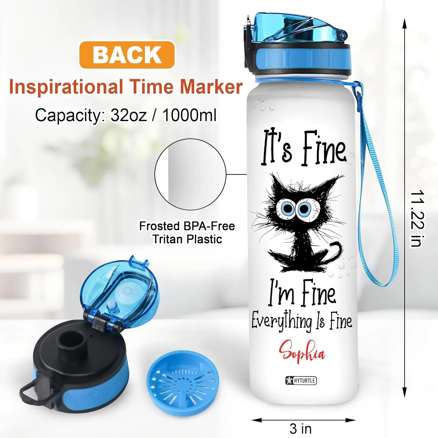 Hyturtle Personalized Black Cat Water Bottle - 32oz Motivational Water Bottle with Leak-Proof Lid & Time Marker - Custom Name Gift for Black Cat Lovers, Women, Girls - Birthday & Christmas Gift