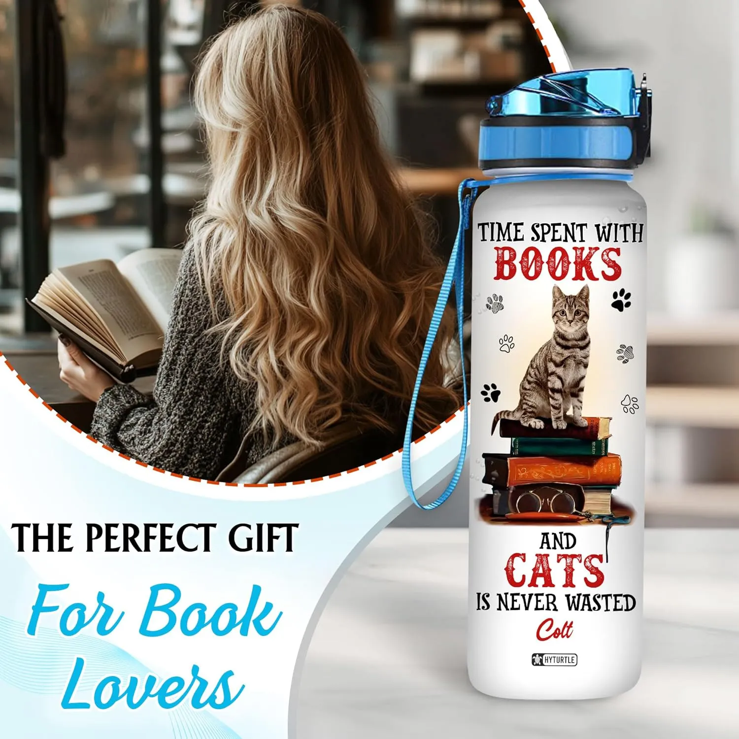 Hyturtle Personalized Cat & Book Water Bottle - 32oz Motivational Water Bottle with Leak-Proof Lid, Time Marker, BPA-Free - Custom Name Gift for Cat & Book Lovers, Women, Birthday, Christmas Gift