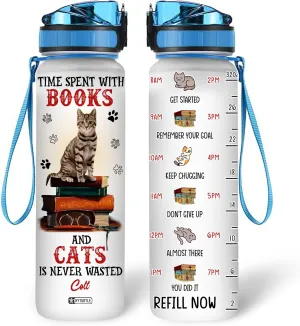 Hyturtle Personalized Cat & Book Water Bottle - 32oz Motivational Water Bottle with Leak-Proof Lid, Time Marker, BPA-Free - Custom Name Gift for Cat & Book Lovers, Women, Birthday, Christmas Gift