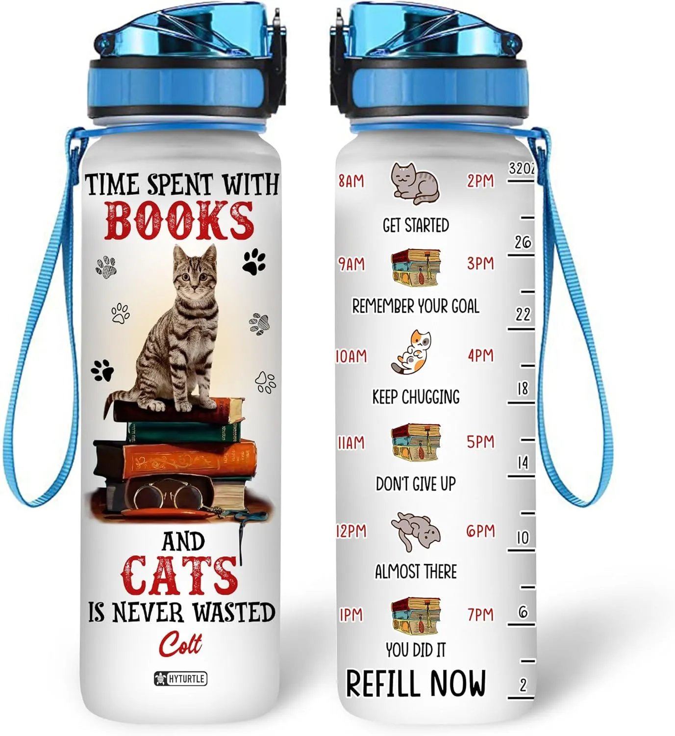 Hyturtle Personalized Cat & Book Water Bottle - 32oz Motivational Water Bottle with Leak-Proof Lid, Time Marker, BPA-Free - Custom Name Gift for Cat & Book Lovers, Women, Birthday, Christmas Gift