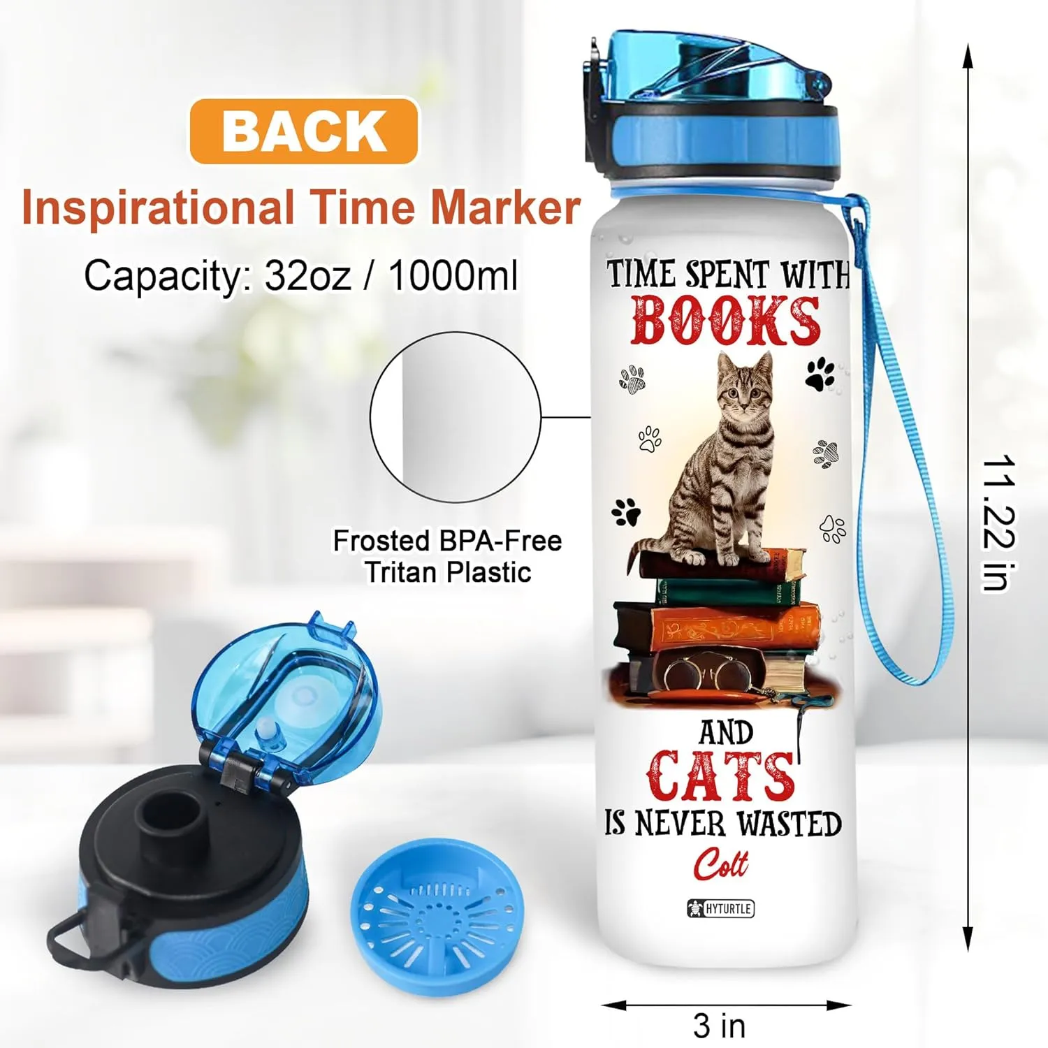 Hyturtle Personalized Cat & Book Water Bottle - 32oz Motivational Water Bottle with Leak-Proof Lid, Time Marker, BPA-Free - Custom Name Gift for Cat & Book Lovers, Women, Birthday, Christmas Gift