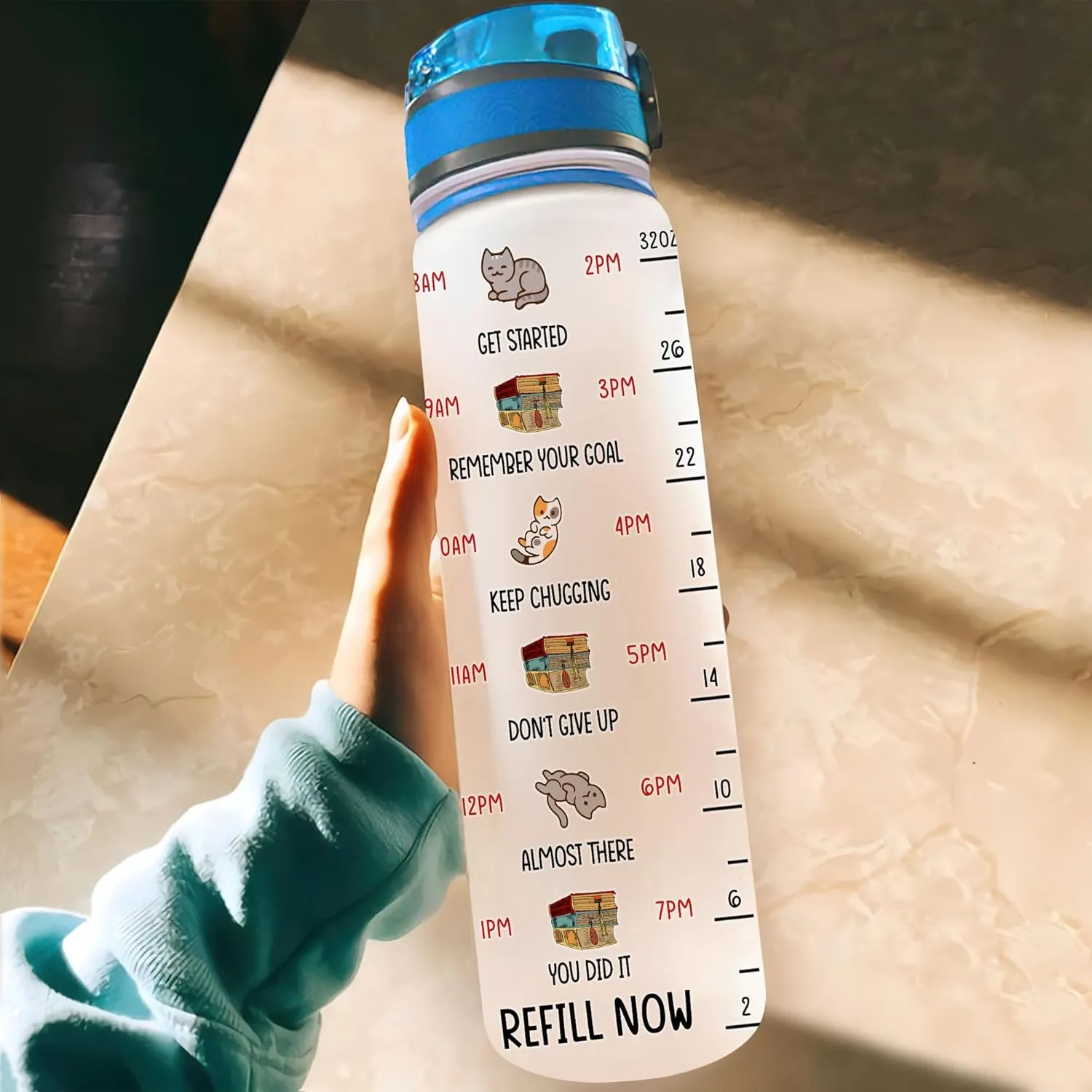 Hyturtle Personalized Cat & Book Water Bottle - 32oz Motivational Water Bottle with Leak-Proof Lid, Time Marker, BPA-Free - Custom Name Gift for Cat & Book Lovers, Women, Birthday, Christmas Gift
