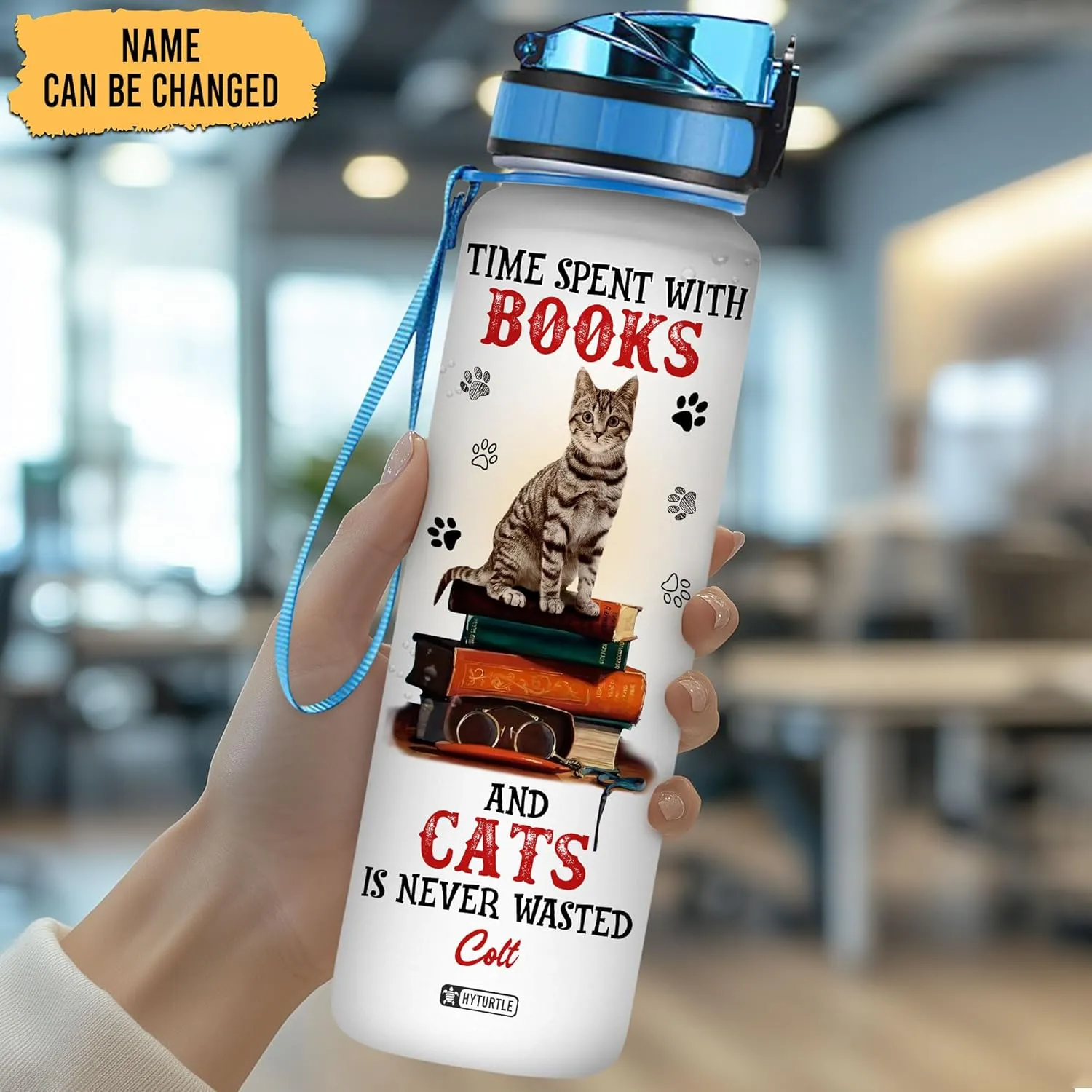 Hyturtle Personalized Cat & Book Water Bottle - 32oz Motivational Water Bottle with Leak-Proof Lid, Time Marker, BPA-Free - Custom Name Gift for Cat & Book Lovers, Women, Birthday, Christmas Gift