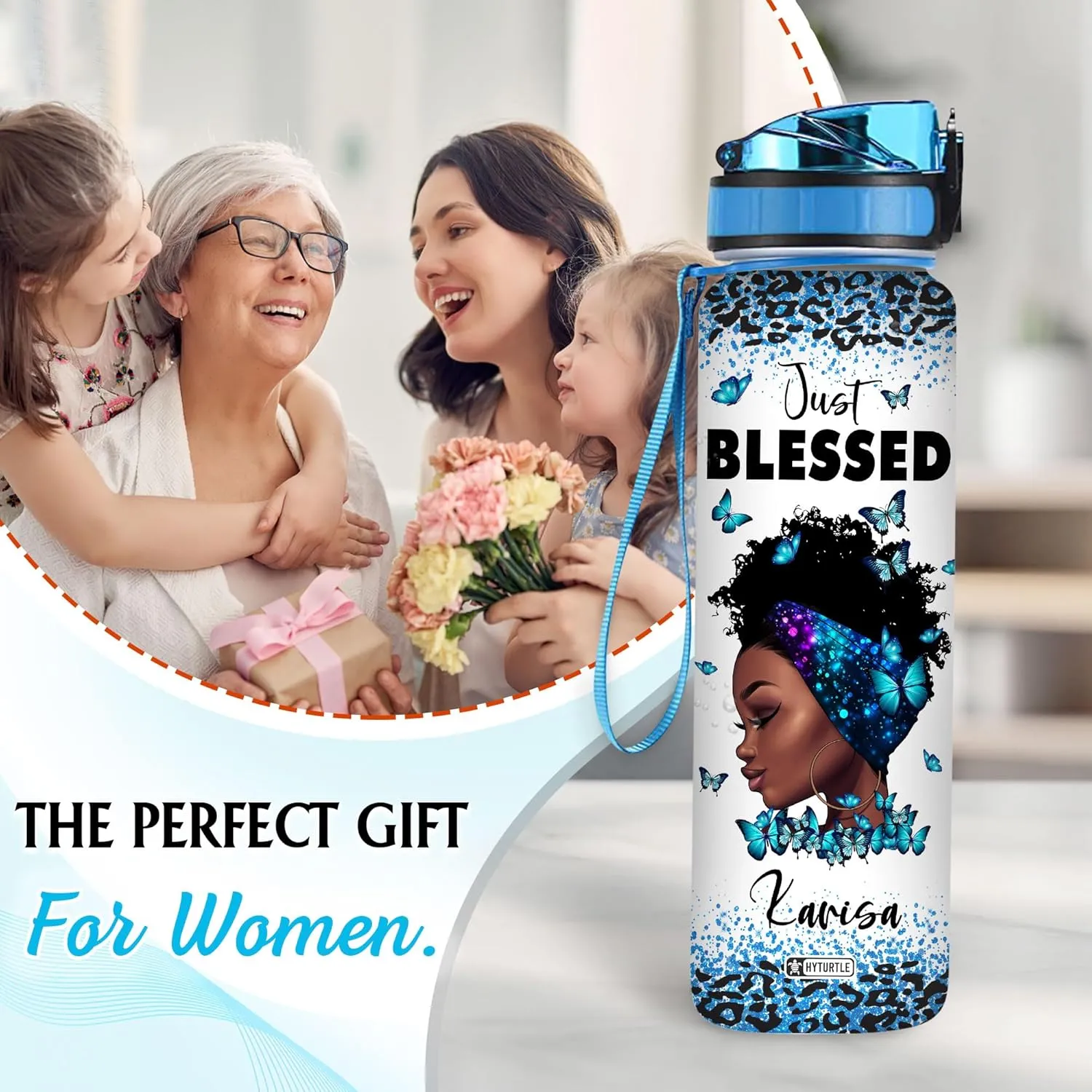Hyturtle Personalized Christian Water Bottle - 32oz Motivational Faith-Inspired Travel Bottle with Leak-Proof Lid & Time Marker - Custom Name Gift for Faithful Black Women - Birthday & Christmas Gift