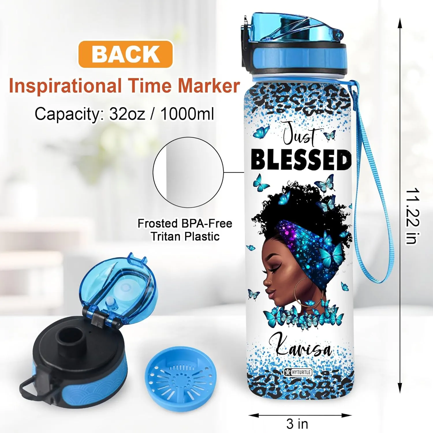 Hyturtle Personalized Christian Water Bottle - 32oz Motivational Faith-Inspired Travel Bottle with Leak-Proof Lid & Time Marker - Custom Name Gift for Faithful Black Women - Birthday & Christmas Gift