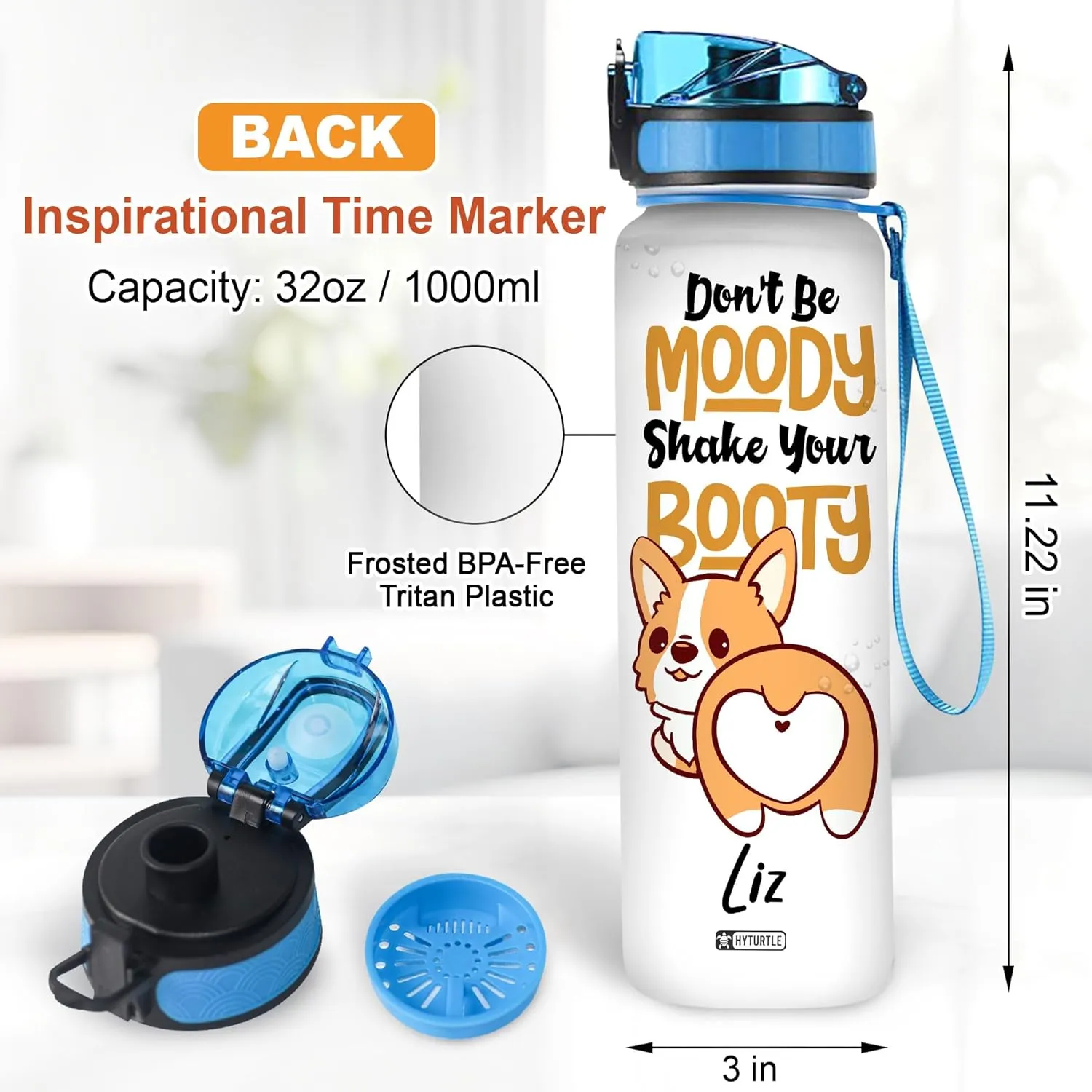 Hyturtle Personalized Corgi Water Bottle - 32oz Motivational Water Bottle with Leak-Proof Lid & Time Marker - Custom Name Gift for Corgi Lovers, Women, Girls, Pet Owners - Birthday & Christmas Gift