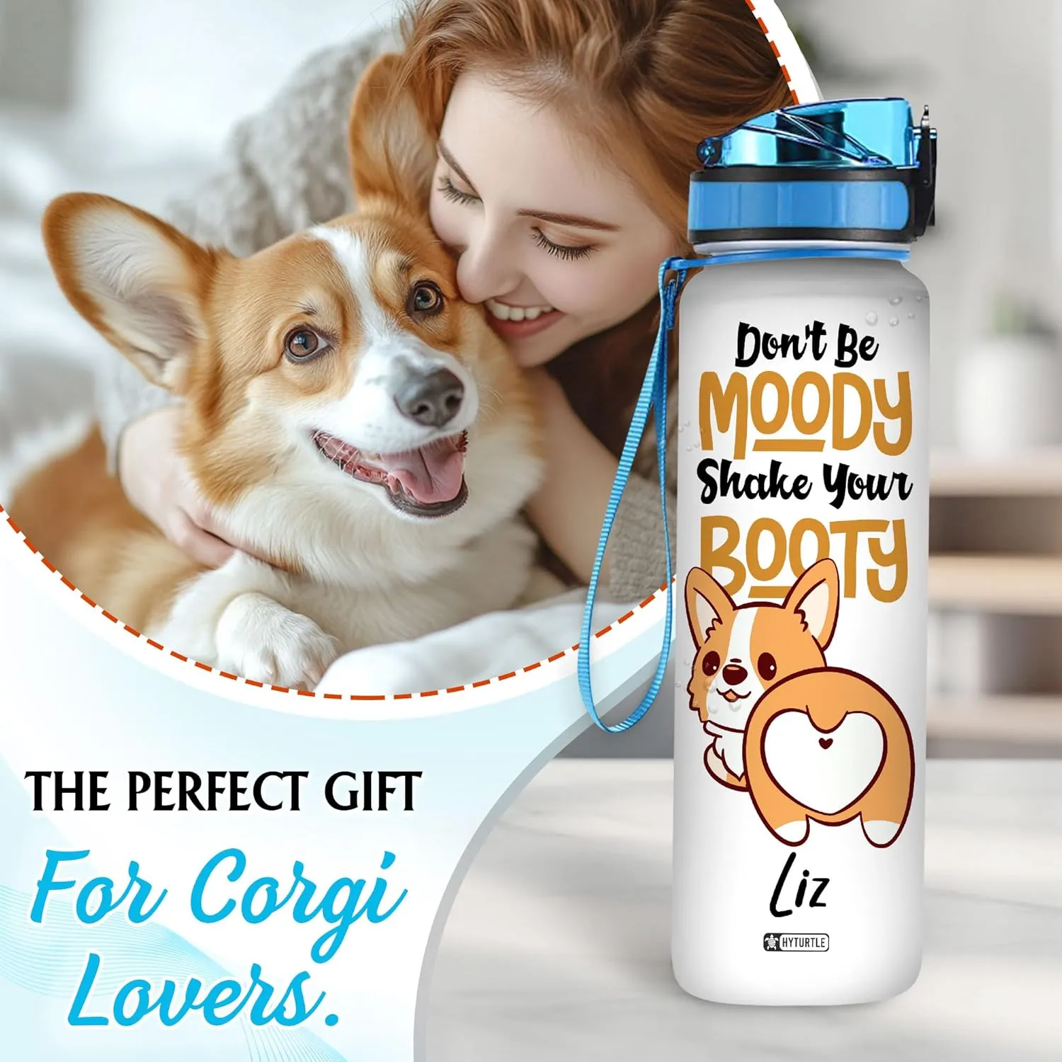 Hyturtle Personalized Corgi Water Bottle - 32oz Motivational Water Bottle with Leak-Proof Lid & Time Marker - Custom Name Gift for Corgi Lovers, Women, Girls, Pet Owners - Birthday & Christmas Gift