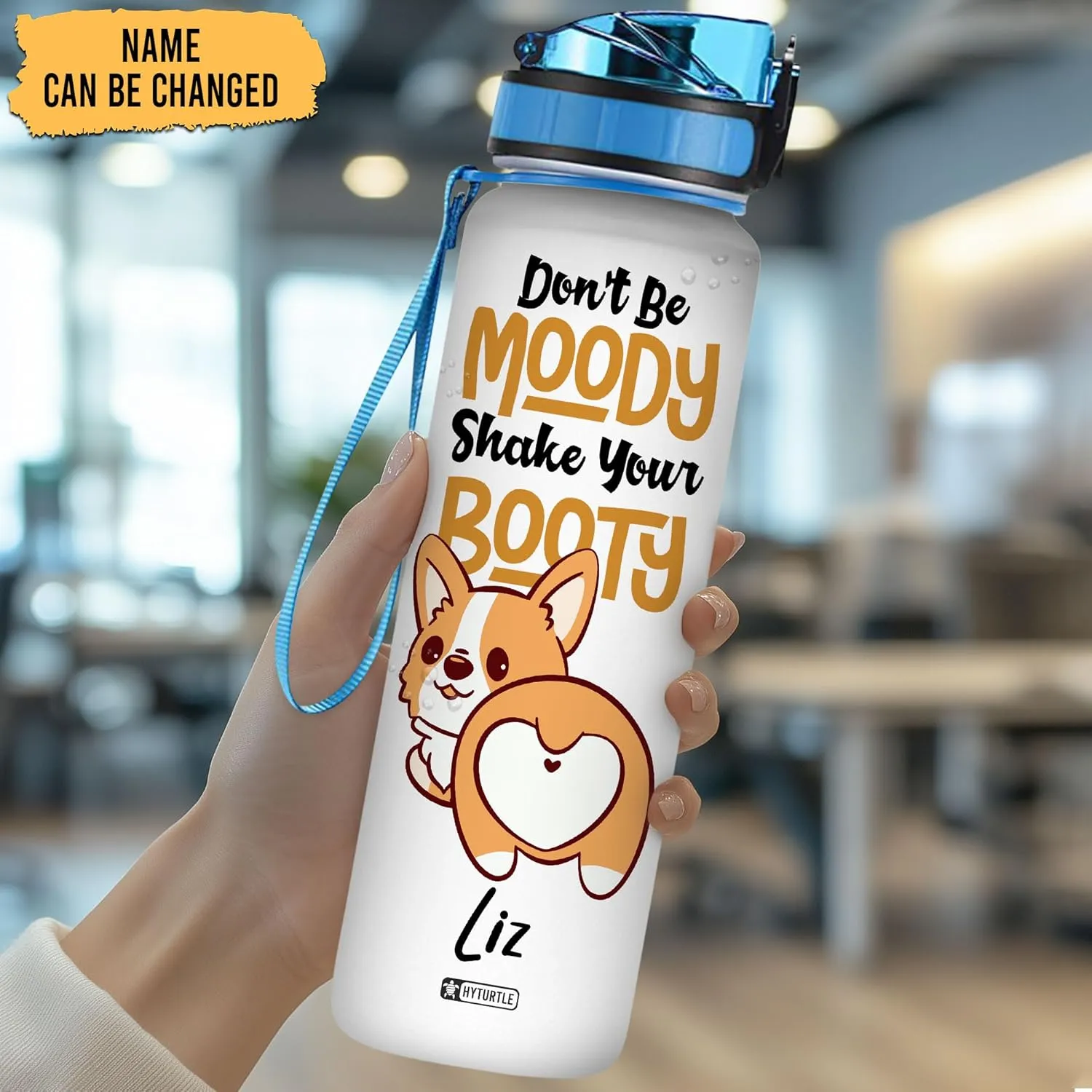 Hyturtle Personalized Corgi Water Bottle - 32oz Motivational Water Bottle with Leak-Proof Lid & Time Marker - Custom Name Gift for Corgi Lovers, Women, Girls, Pet Owners - Birthday & Christmas Gift