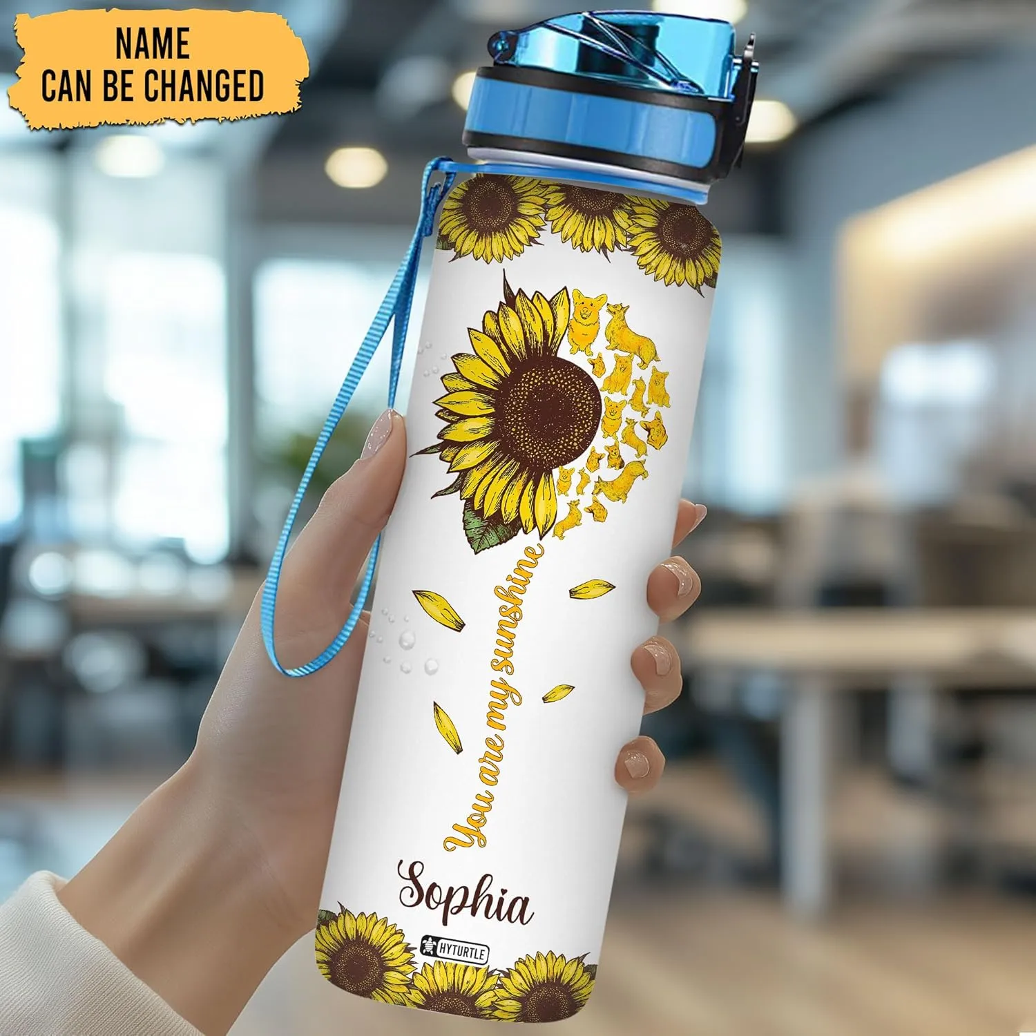 Hyturtle Personalized Corgi Water Bottle - 32oz Motivational Water Bottle with Leak-Proof Lid & Time Marker - Custom Name Gift for Sunflower & Corgi Lovers, Women, Pet Owners On Birthday Christmas