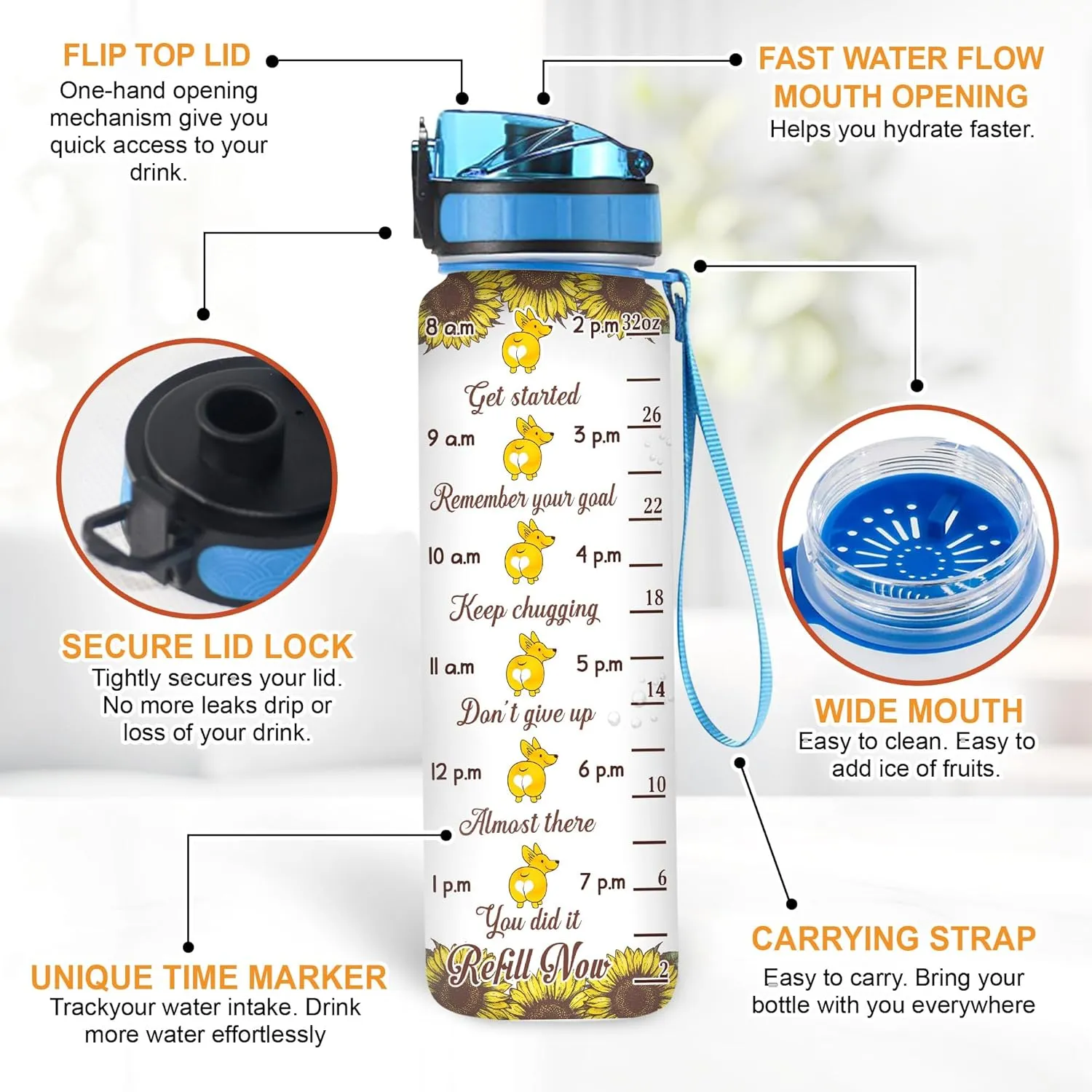 Hyturtle Personalized Corgi Water Bottle - 32oz Motivational Water Bottle with Leak-Proof Lid & Time Marker - Custom Name Gift for Sunflower & Corgi Lovers, Women, Pet Owners On Birthday Christmas