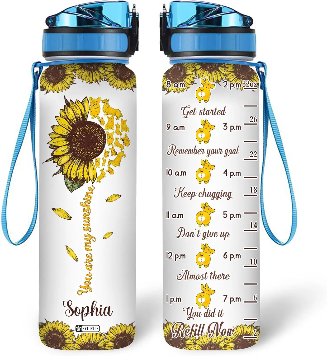 Hyturtle Personalized Corgi Water Bottle - 32oz Motivational Water Bottle with Leak-Proof Lid & Time Marker - Custom Name Gift for Sunflower & Corgi Lovers, Women, Pet Owners On Birthday Christmas