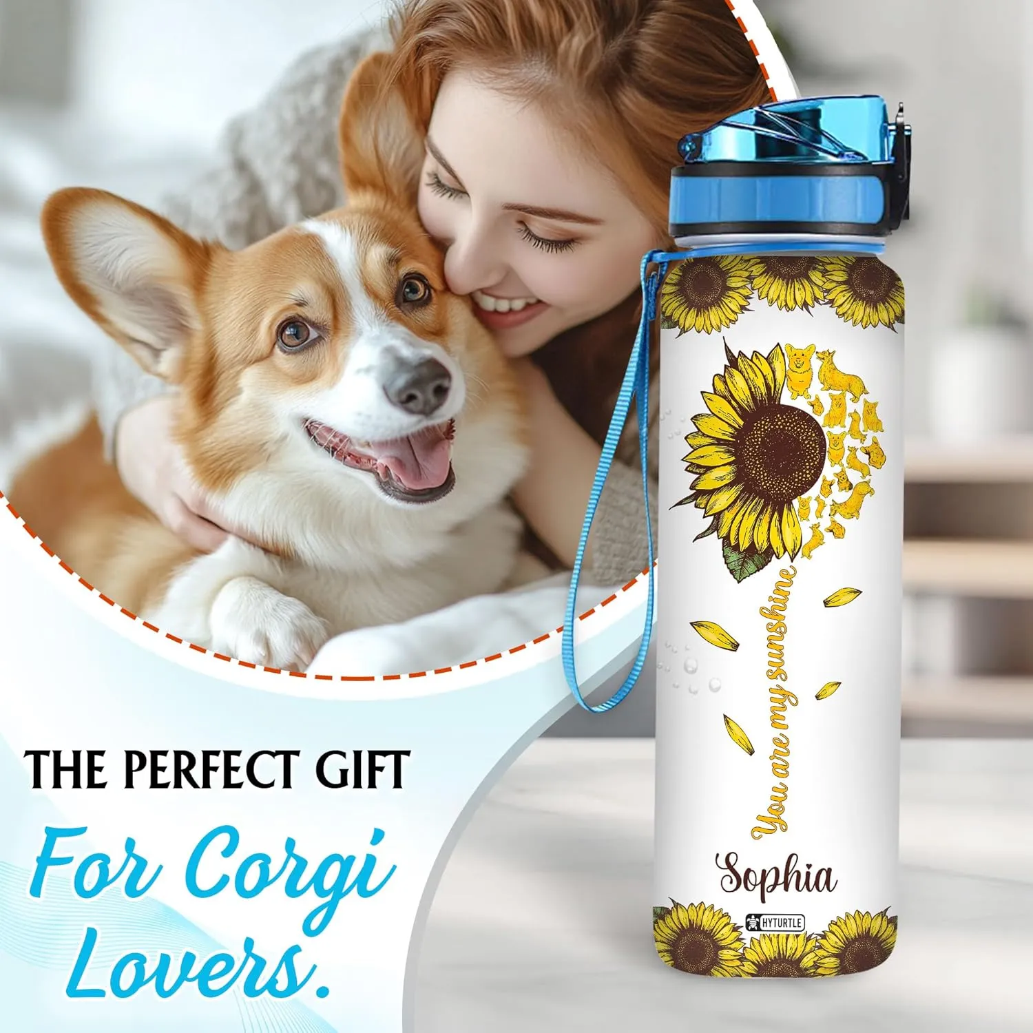 Hyturtle Personalized Corgi Water Bottle - 32oz Motivational Water Bottle with Leak-Proof Lid & Time Marker - Custom Name Gift for Sunflower & Corgi Lovers, Women, Pet Owners On Birthday Christmas