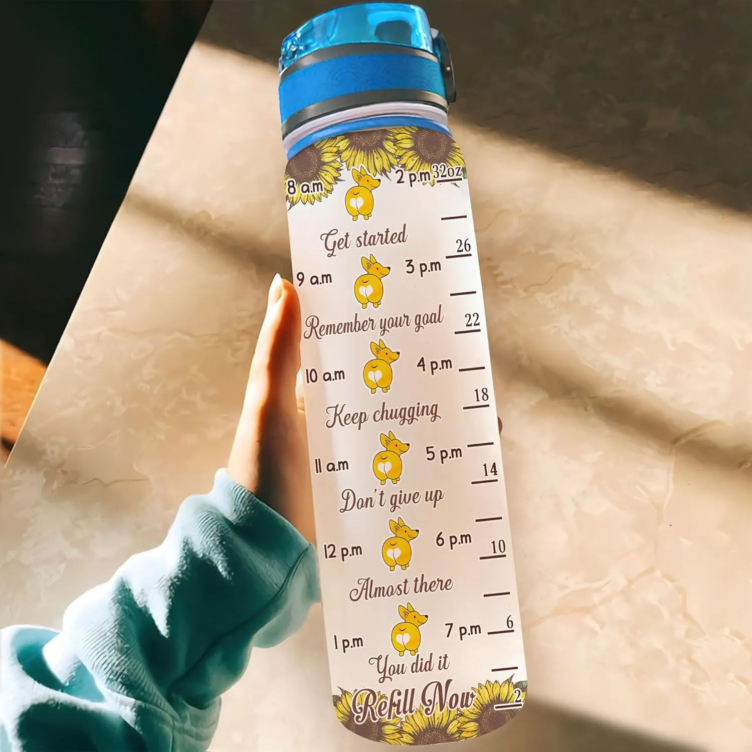 Hyturtle Personalized Corgi Water Bottle - 32oz Motivational Water Bottle with Leak-Proof Lid & Time Marker - Custom Name Gift for Sunflower & Corgi Lovers, Women, Pet Owners On Birthday Christmas