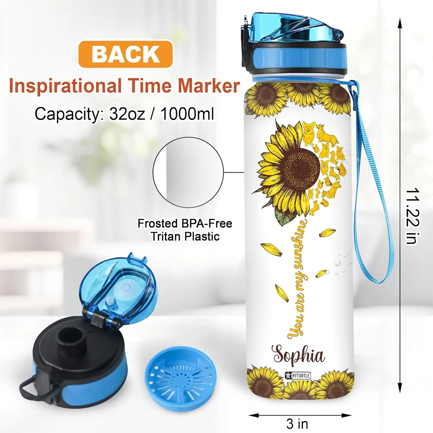 Hyturtle Personalized Corgi Water Bottle - 32oz Motivational Water Bottle with Leak-Proof Lid & Time Marker - Custom Name Gift for Sunflower & Corgi Lovers, Women, Pet Owners On Birthday Christmas