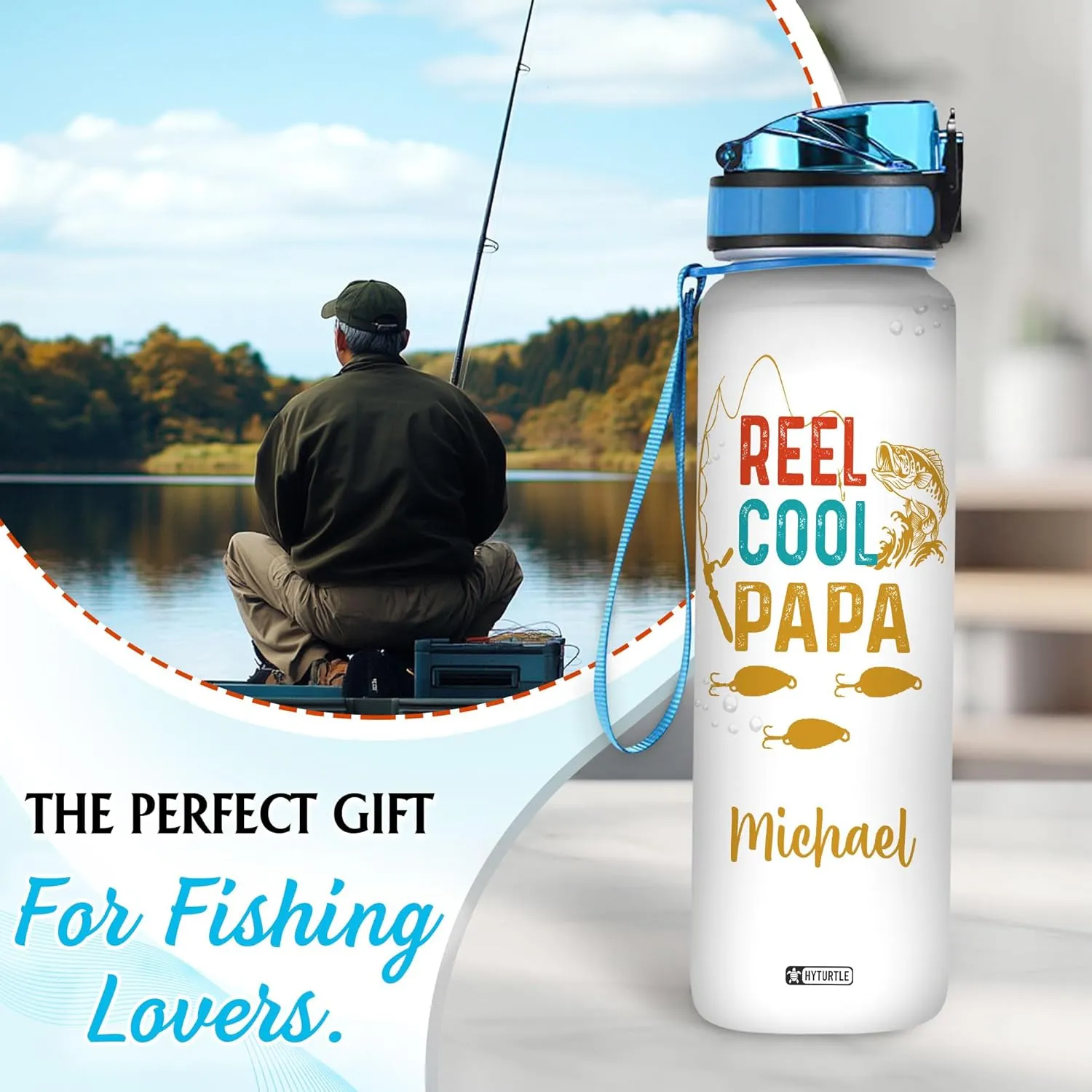 Hyturtle Personalized Fishing Water Bottle - 32oz Motivational Water Bottle with Leak-Proof Lid & Time Marker, BPA-Free - Custom Name Gift for Men Fishing Lovers Fishermen - Birthday & Christmas Gift