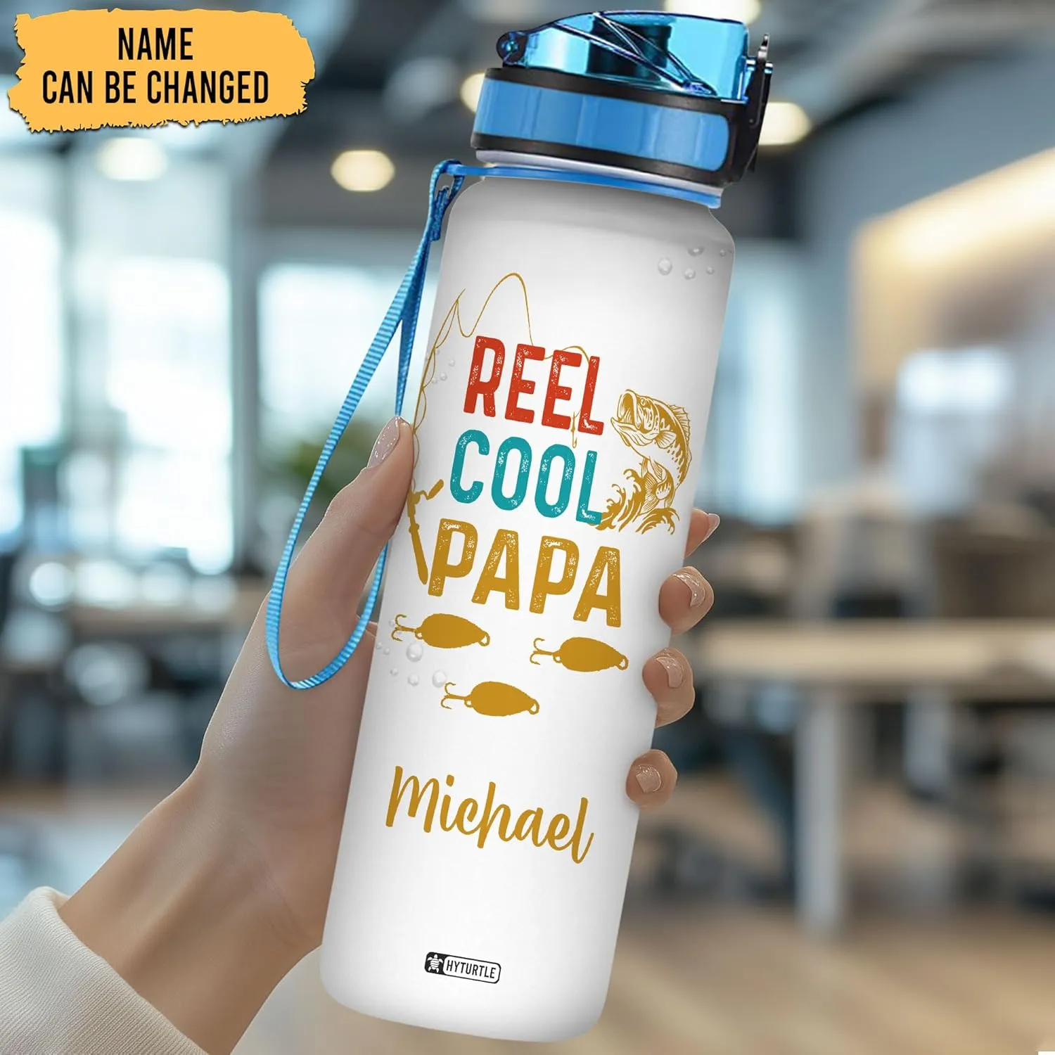 Hyturtle Personalized Fishing Water Bottle - 32oz Motivational Water Bottle with Leak-Proof Lid & Time Marker, BPA-Free - Custom Name Gift for Men Fishing Lovers Fishermen - Birthday & Christmas Gift