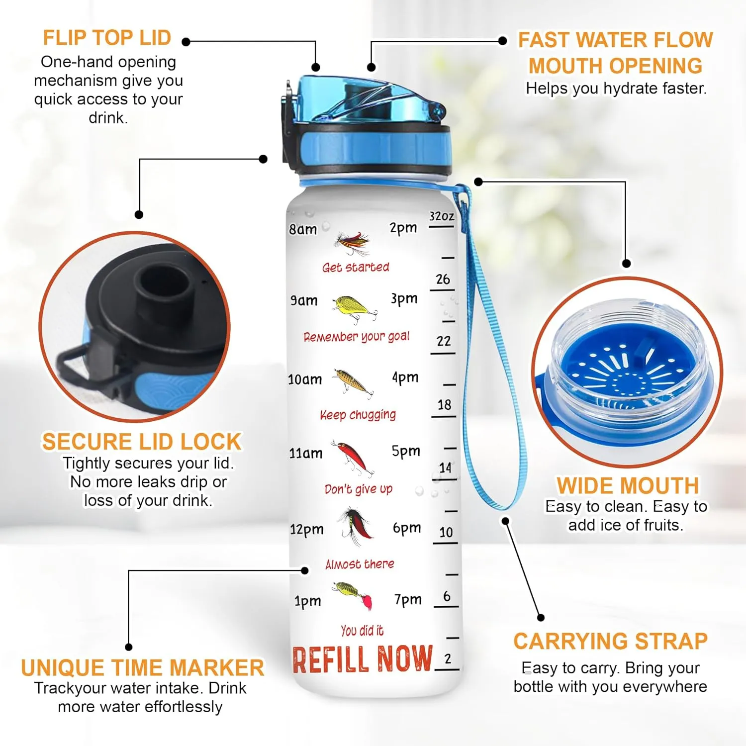 Hyturtle Personalized Fishing Water Bottle - 32oz Motivational Water Bottle with Leak-Proof Lid & Time Marker, BPA-Free - Custom Name Gift for Men Fishing Lovers Fishermen - Birthday & Christmas Gift
