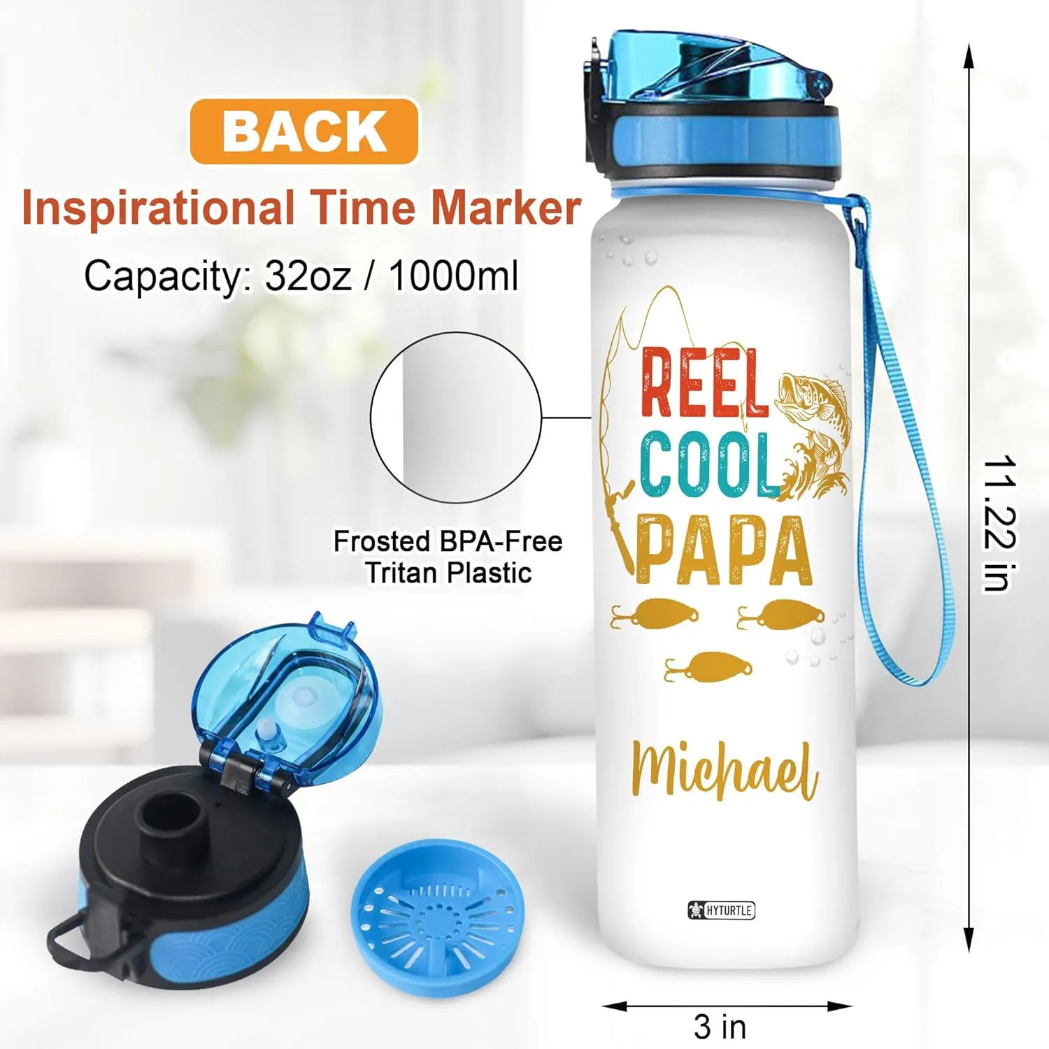 Hyturtle Personalized Fishing Water Bottle - 32oz Motivational Water Bottle with Leak-Proof Lid & Time Marker, BPA-Free - Custom Name Gift for Men Fishing Lovers Fishermen - Birthday & Christmas Gift