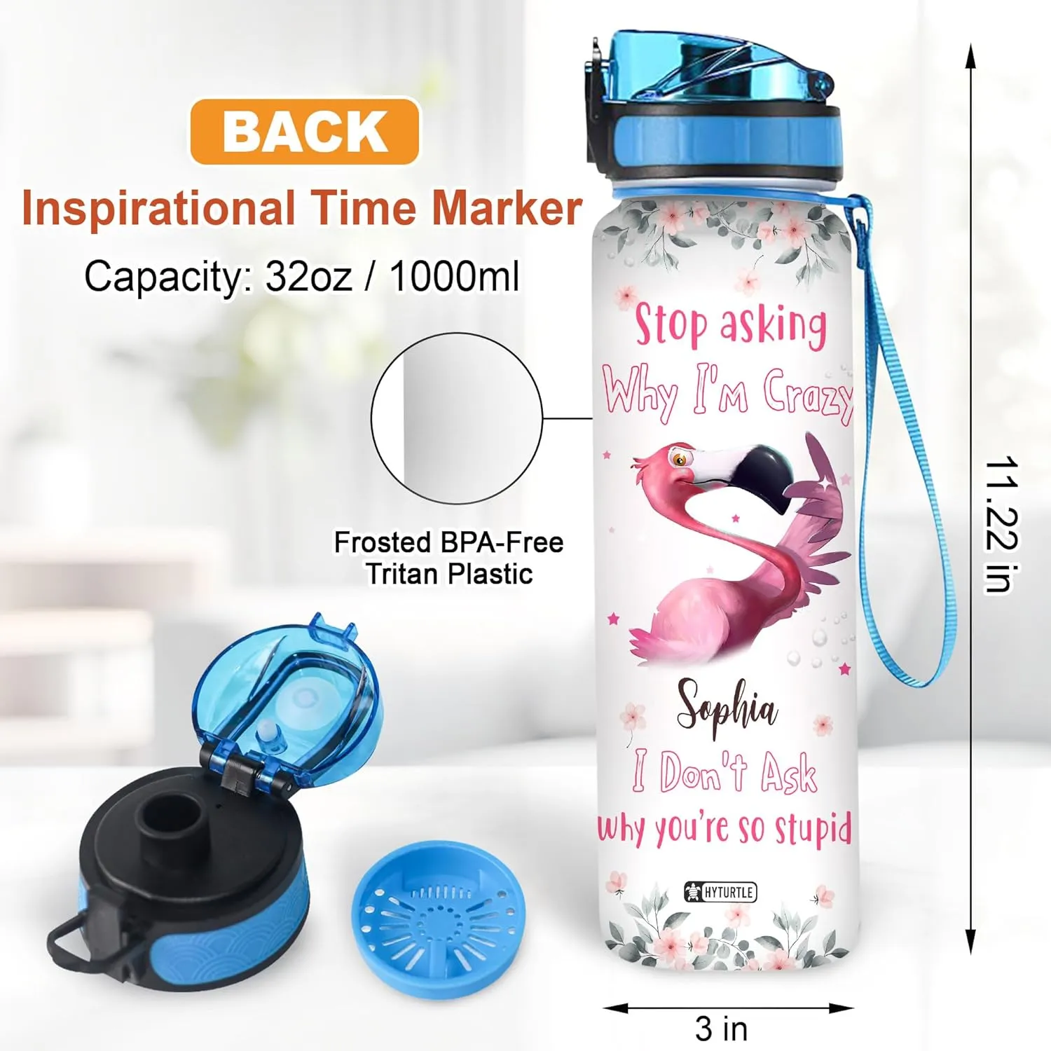 Hyturtle Personalized Flamingo Water Bottle - 32oz Motivational Water Bottle with Leak-Proof Lid & Time Marker - Custom Name Gift for Women, Girls, Flamingo Lovers On Birthday Christmas