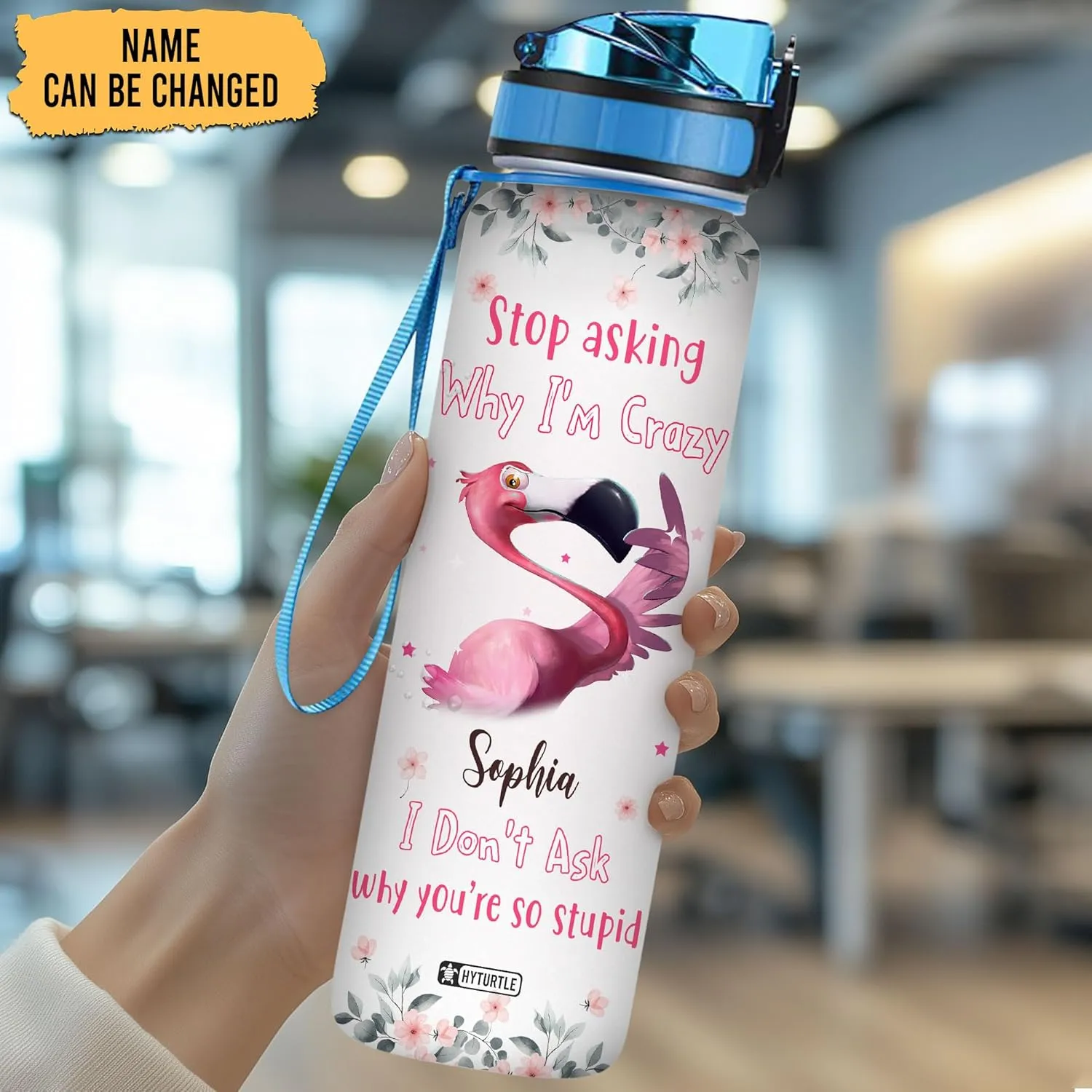 Hyturtle Personalized Flamingo Water Bottle - 32oz Motivational Water Bottle with Leak-Proof Lid & Time Marker - Custom Name Gift for Women, Girls, Flamingo Lovers On Birthday Christmas
