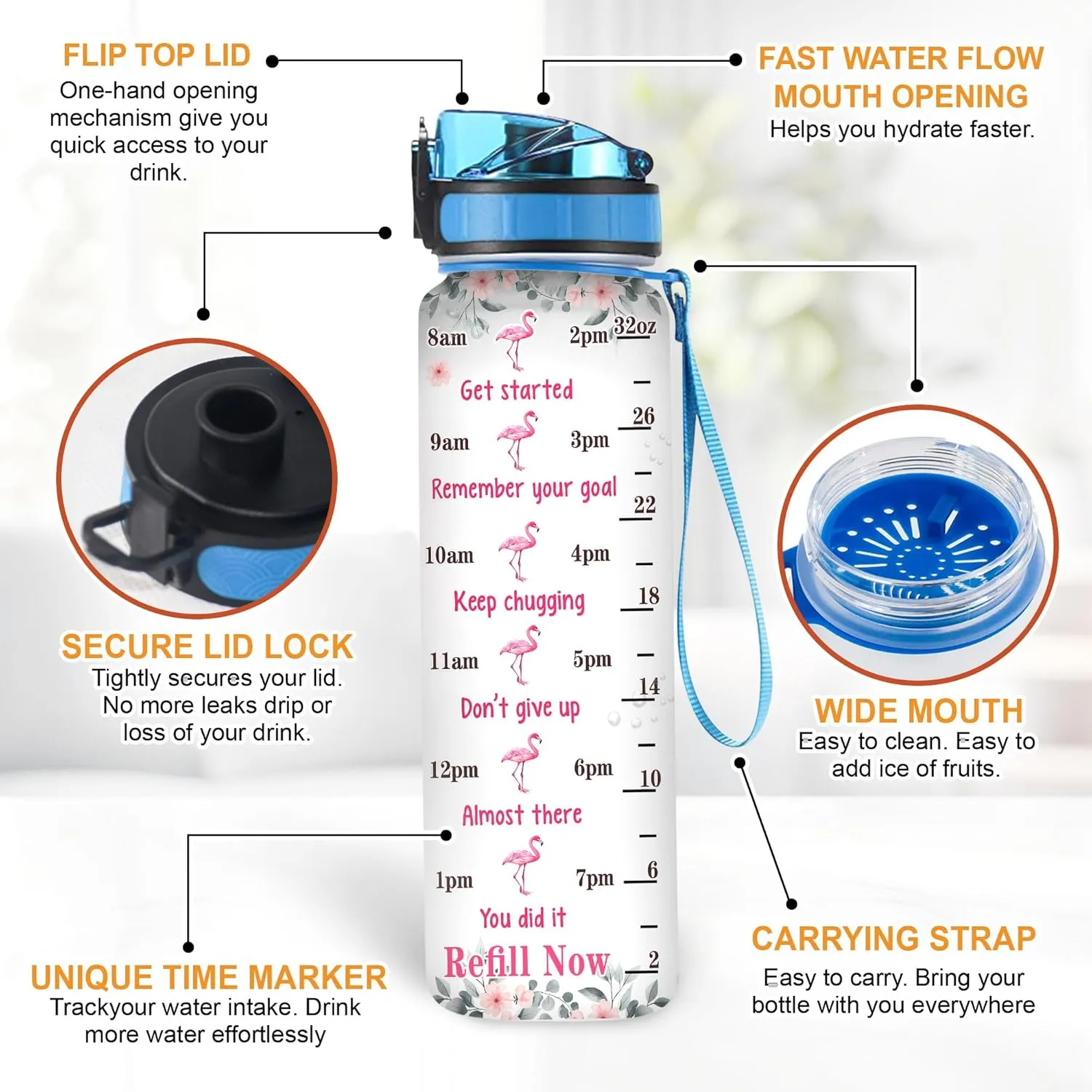 Hyturtle Personalized Flamingo Water Bottle - 32oz Motivational Water Bottle with Leak-Proof Lid & Time Marker - Custom Name Gift for Women, Girls, Flamingo Lovers On Birthday Christmas