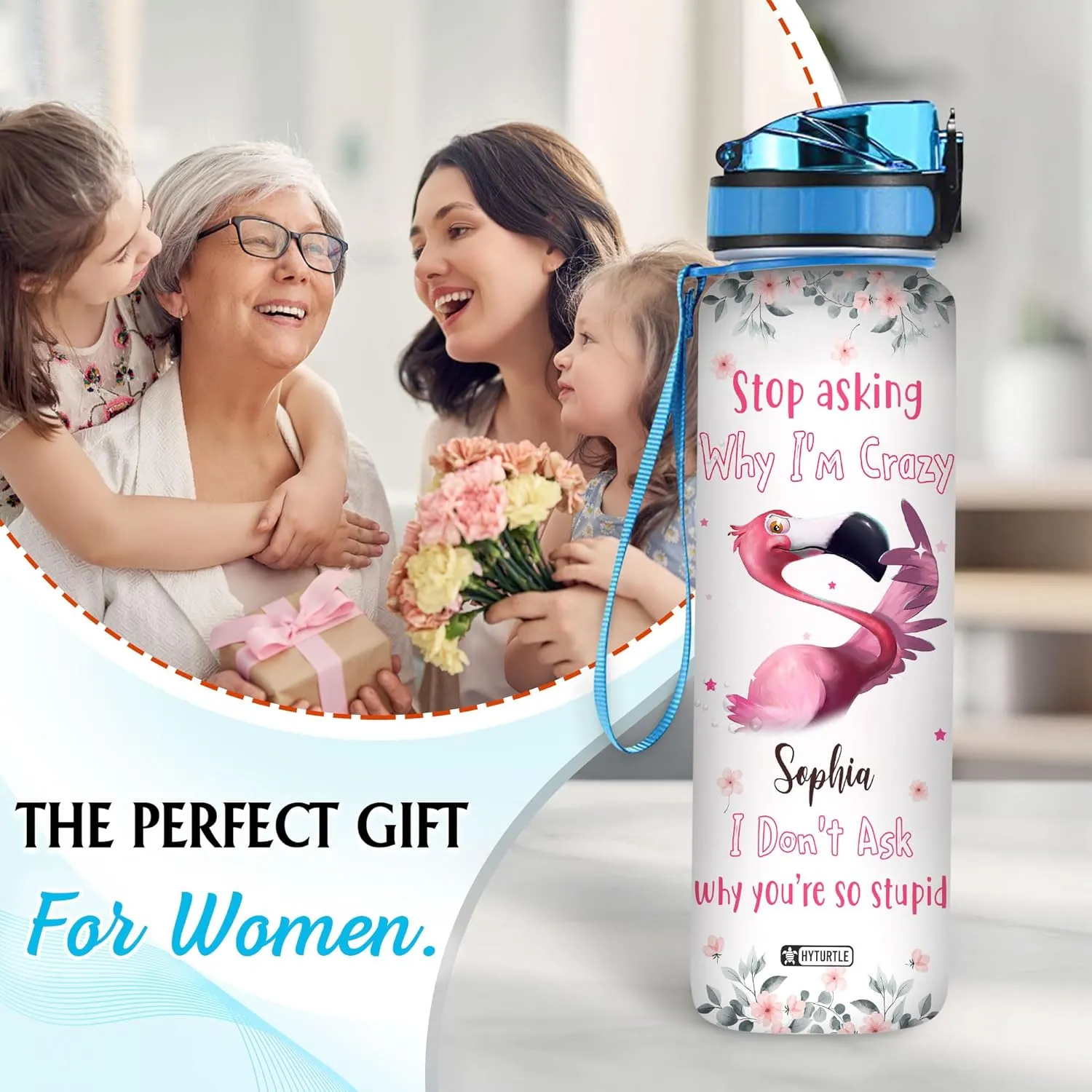 Hyturtle Personalized Flamingo Water Bottle - 32oz Motivational Water Bottle with Leak-Proof Lid & Time Marker - Custom Name Gift for Women, Girls, Flamingo Lovers On Birthday Christmas