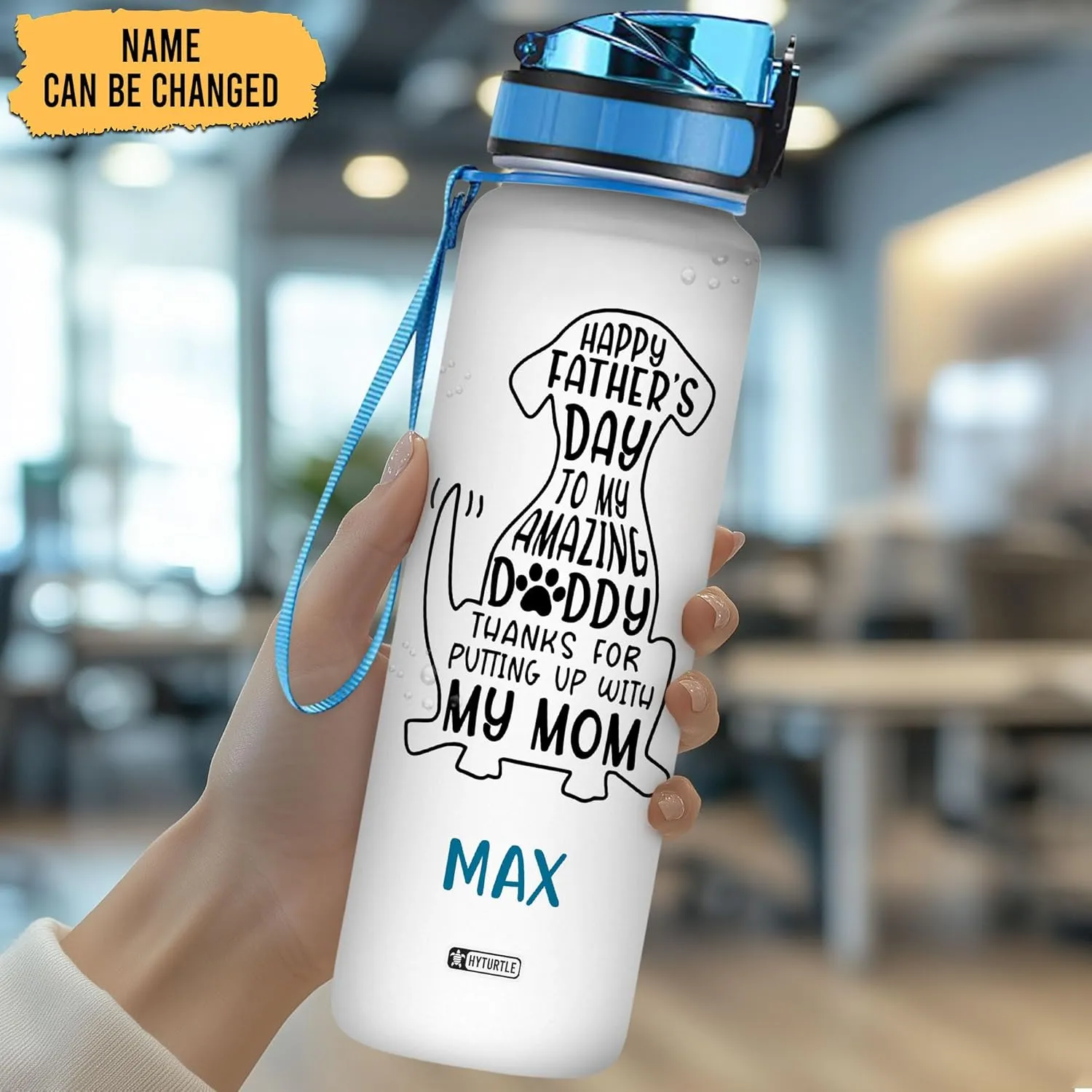 Hyturtle Personalized Happy Father's Day Thanks For Putting Up With My Mom Dog 32oz Liter Motivational Water Bottle, Customized Name With Time Marker, Gifts For Mom Dad Dog Lover Family On Birthday