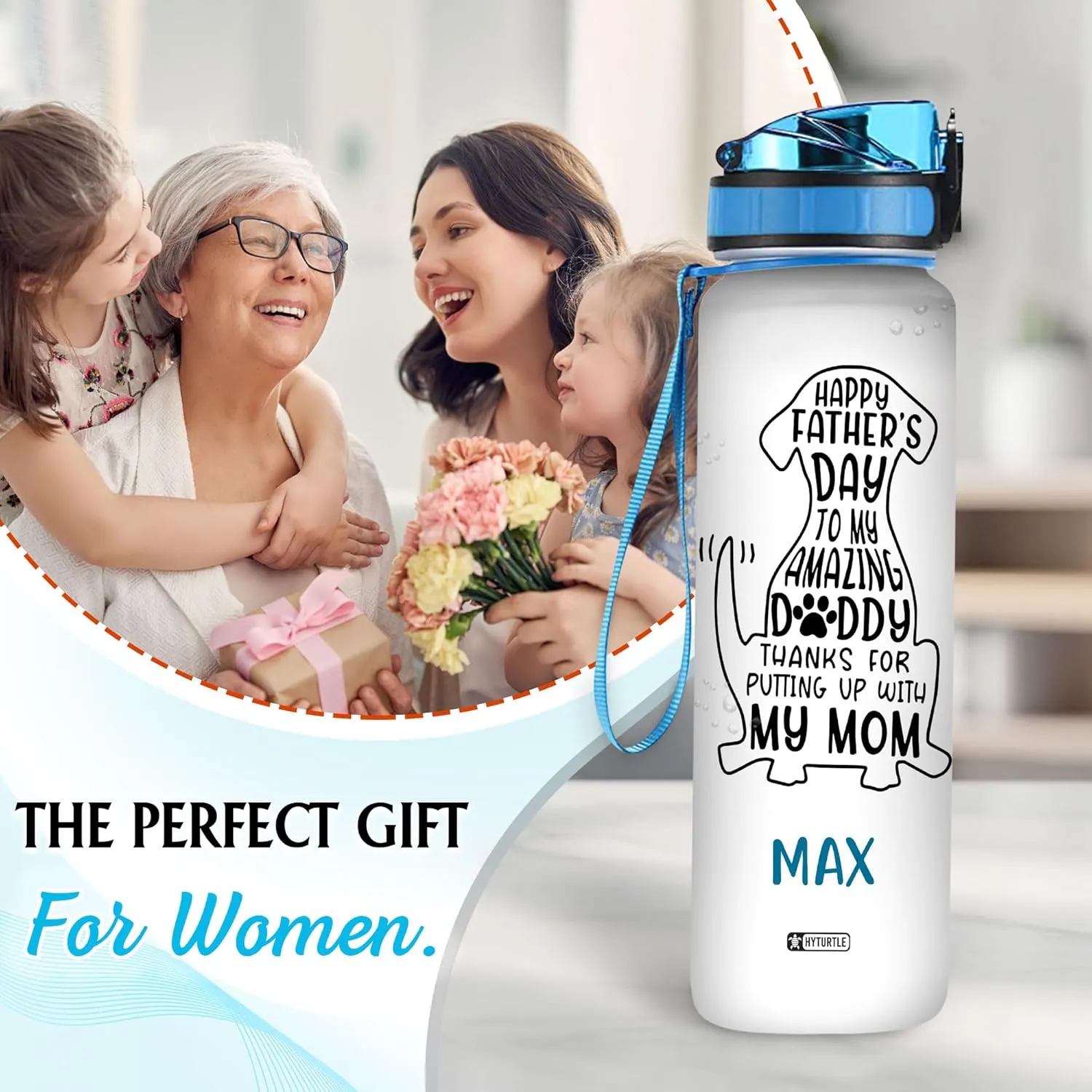 Hyturtle Personalized Happy Father's Day Thanks For Putting Up With My Mom Dog 32oz Liter Motivational Water Bottle, Customized Name With Time Marker, Gifts For Mom Dad Dog Lover Family On Birthday