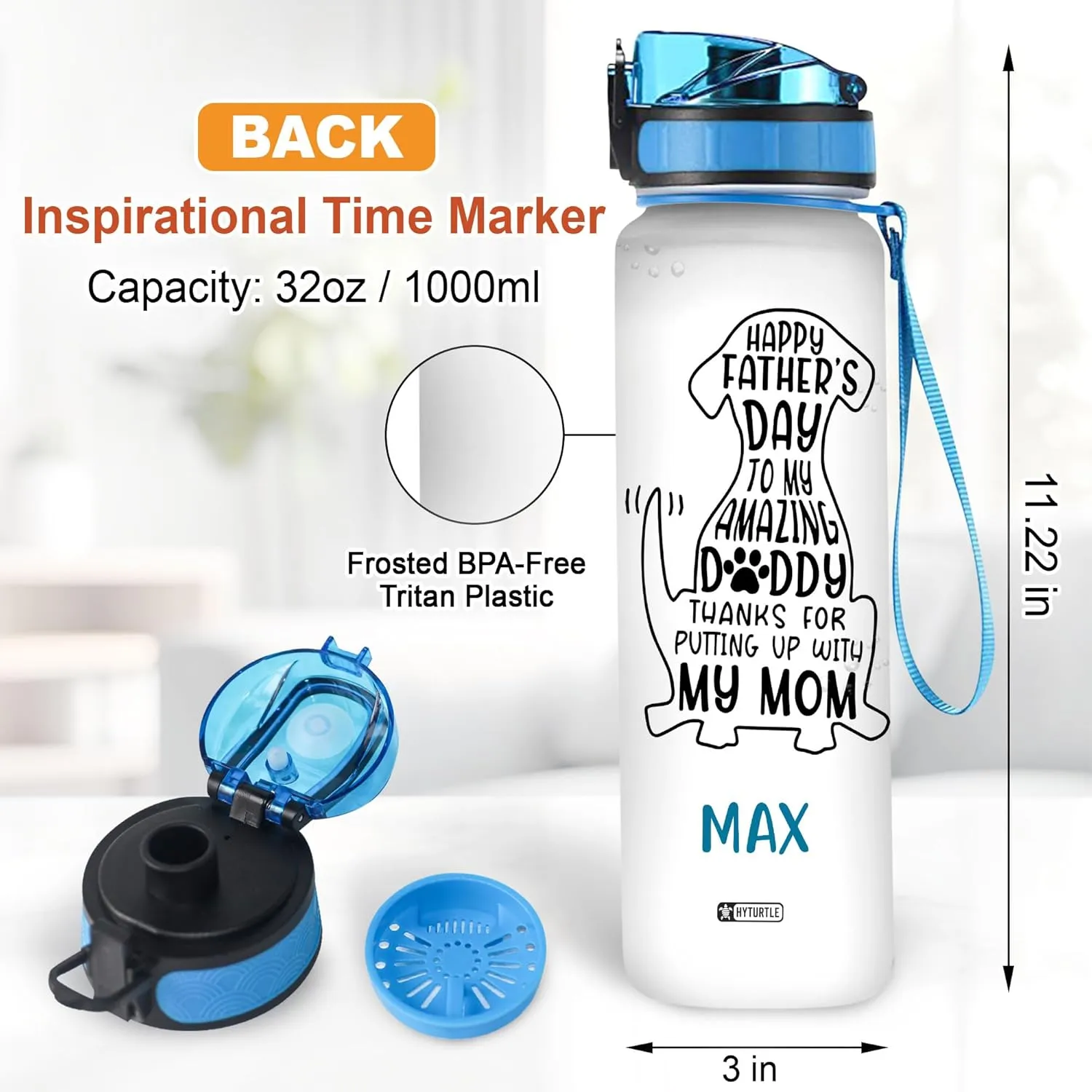 Hyturtle Personalized Happy Father's Day Thanks For Putting Up With My Mom Dog 32oz Liter Motivational Water Bottle, Customized Name With Time Marker, Gifts For Mom Dad Dog Lover Family On Birthday