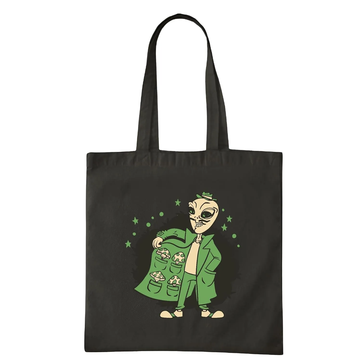 Imaginary Gift Ideas for Adventuresome Teenage Boys and Girls Alien in Magic Mushroom Trench Coat Navy Black Multicolor Canvas Tote Bag