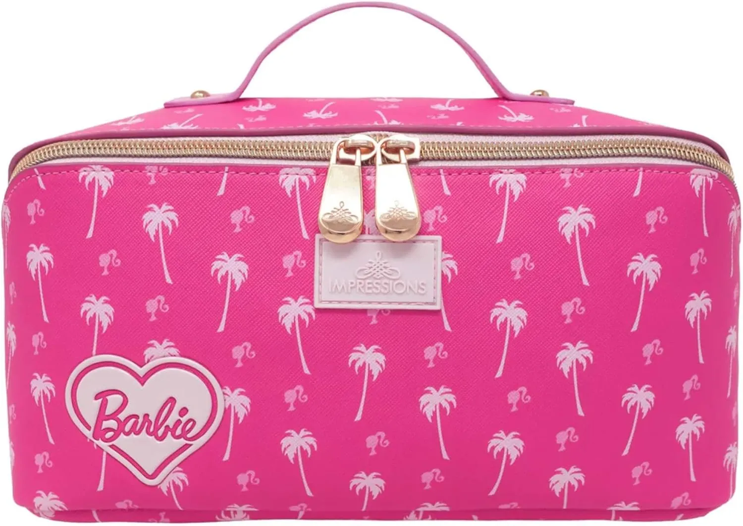 Impressions Vanity Barbie Unfold Travel Makeup Bag Organizer, Opens Flat Zippered Cosmetic Bag with Dual Compartments, Inner Pockets, Top Carrying Handle, Saffiano Leather and Barbie Print Design
