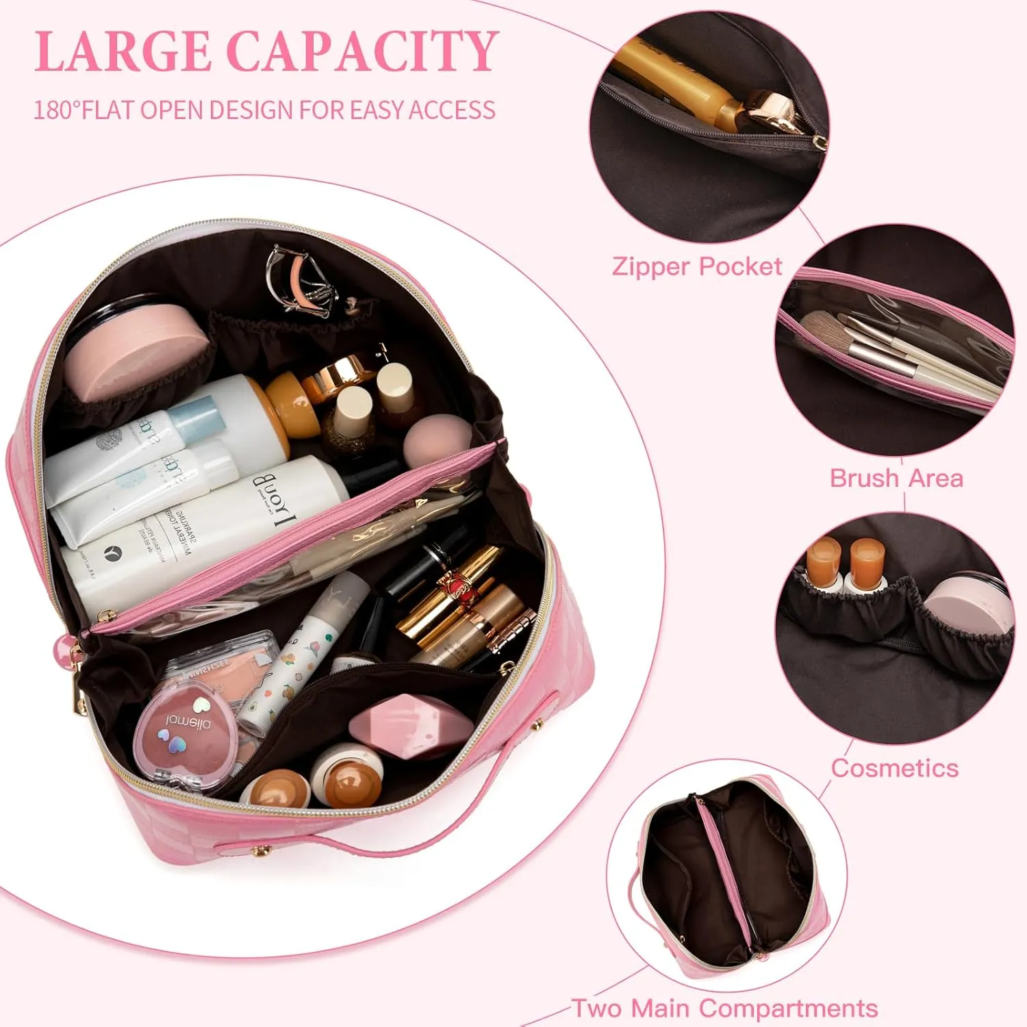 Initial Makeup Bag Large Capacity Travel Cosmetic Bag for Women PU Leather Open Flat Toiletry Bag with Handle and Divider Personalized Gifts for Women (Pink C)