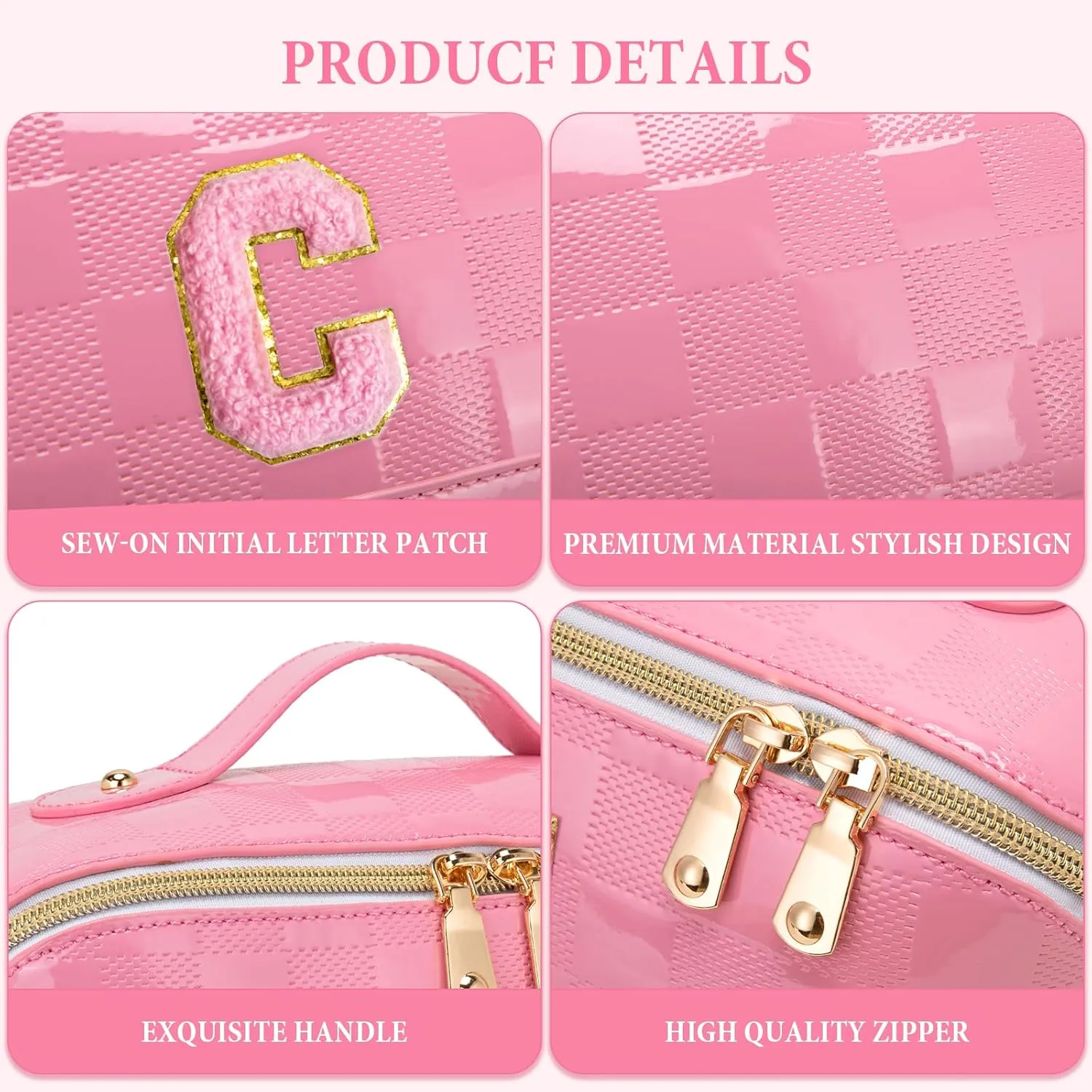 Initial Makeup Bag Large Capacity Travel Cosmetic Bag for Women PU Leather Open Flat Toiletry Bag with Handle and Divider Personalized Gifts for Women (Pink C)