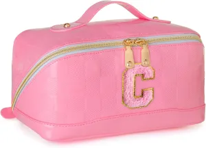 Initial Makeup Bag Large Capacity Travel Cosmetic Bag for Women PU Leather Open Flat Toiletry Bag with Handle and Divider Personalized Gifts for Women (Pink C)