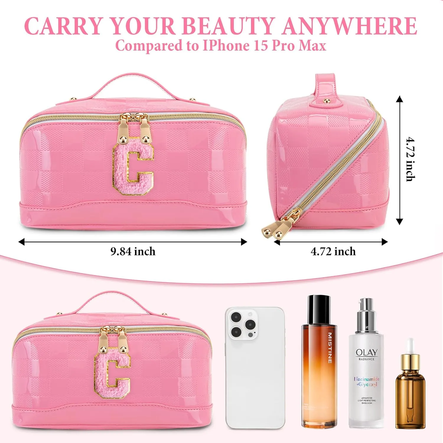 Initial Makeup Bag Large Capacity Travel Cosmetic Bag for Women PU Leather Open Flat Toiletry Bag with Handle and Divider Personalized Gifts for Women (Pink C)