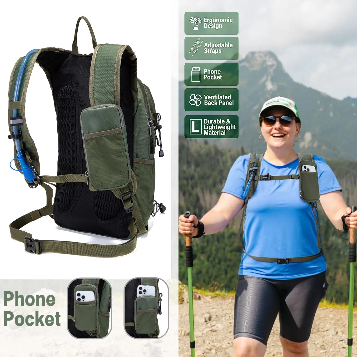 Insulated Hydration Backpack Pack with 2L Water Bladder Lightweight 22L Hiking Backpack Bag for Women Men Daypack for Hiking Running Festival Camping Biking