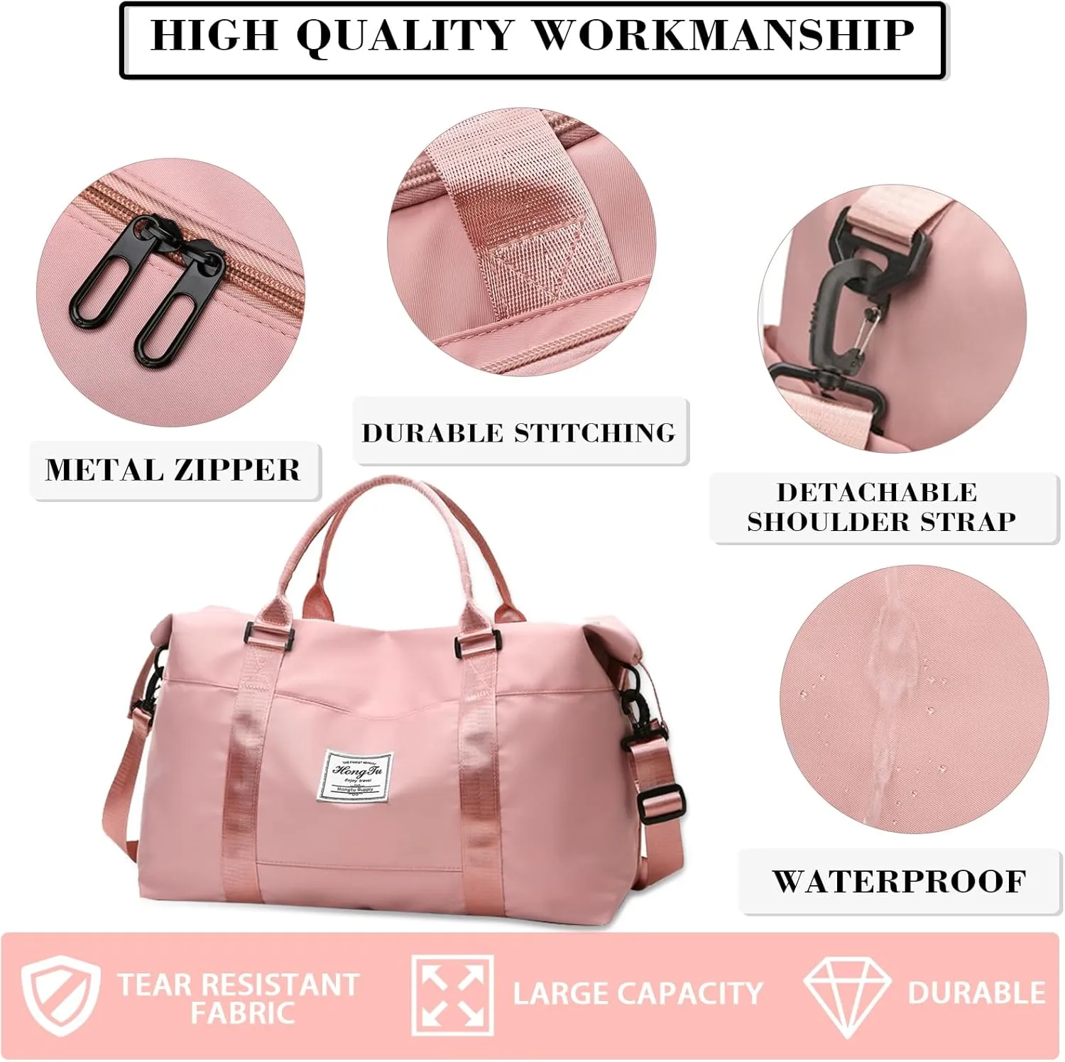 INVODA Travel Duffel Bag Sports Tote Gym Bag Shoulder Weekender Overnight Bag Carry on Travel Bag for Women (Pink)