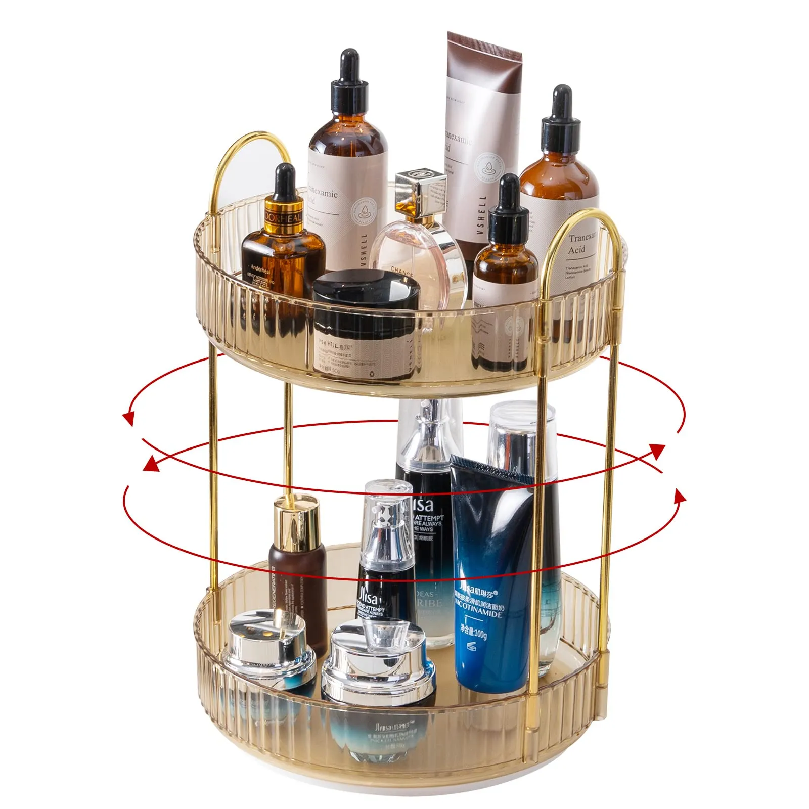INVSSENE 360 Rotating Makeup Organizer, Yellow, Unisex, 2 Tier Countertop Storage, Large Capacity, Cosmetics, Perfume, Skincare, Lipsticks