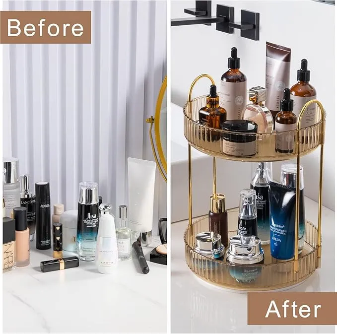 INVSSENE 360 Rotating Makeup Organizer, Yellow, Unisex, 2 Tier Countertop Storage, Large Capacity, Cosmetics, Perfume, Skincare, Lipsticks